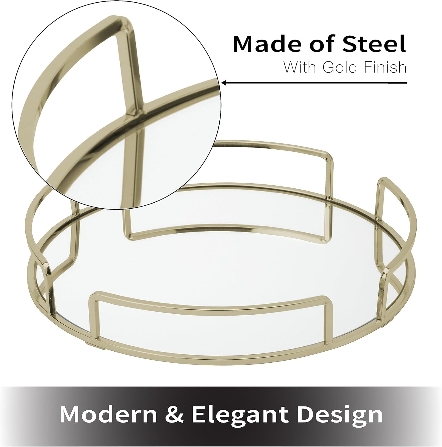 Rounded Mirrored Vanity Tray | Dimensions : 12.99" L X 12.99" W X 2.05" H | Glass Base | Great for Cosmetics | Jewelry | Toiletries | Organization | Stain Gold