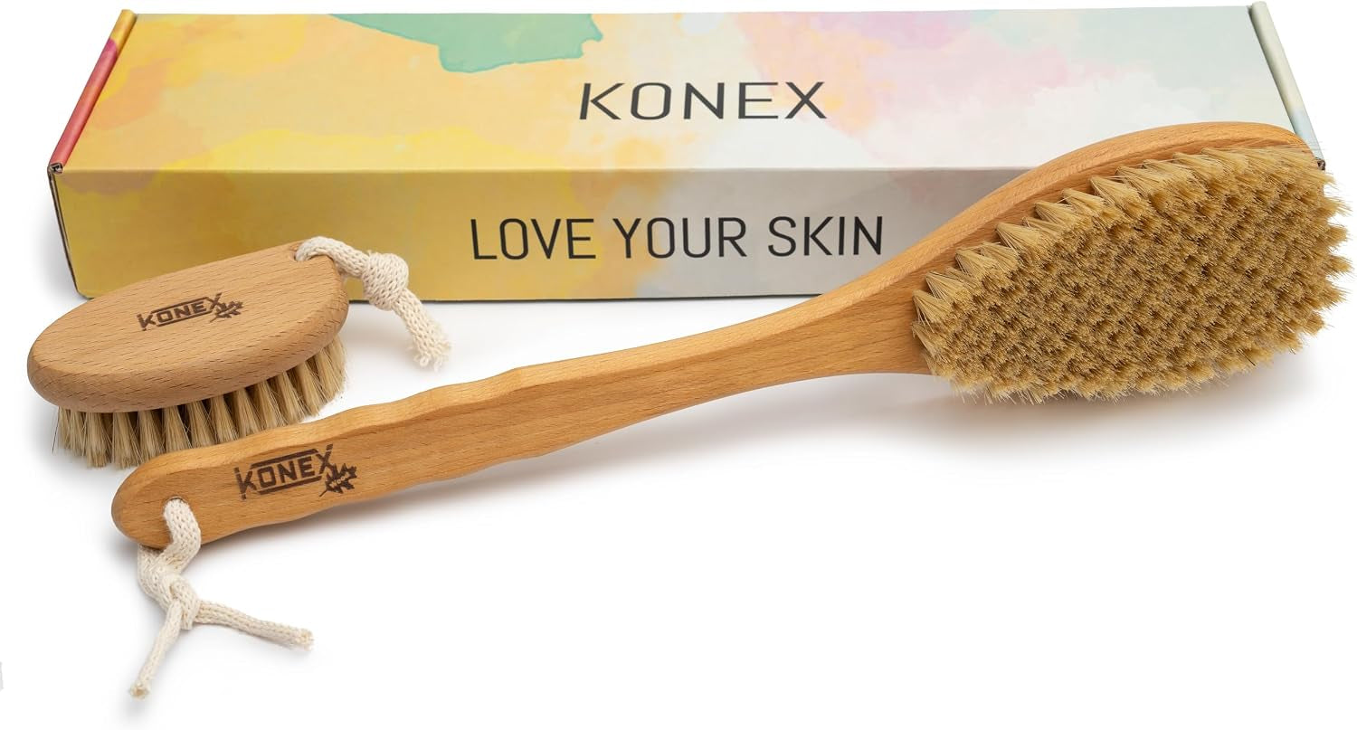 Bath Brush Set, Exfoliating Shower Scrubber, Dry Brushing Body Brush Set, Pore Opening, Beechwood Handle with Natural Bristle Large 15" plus Small Face Brush