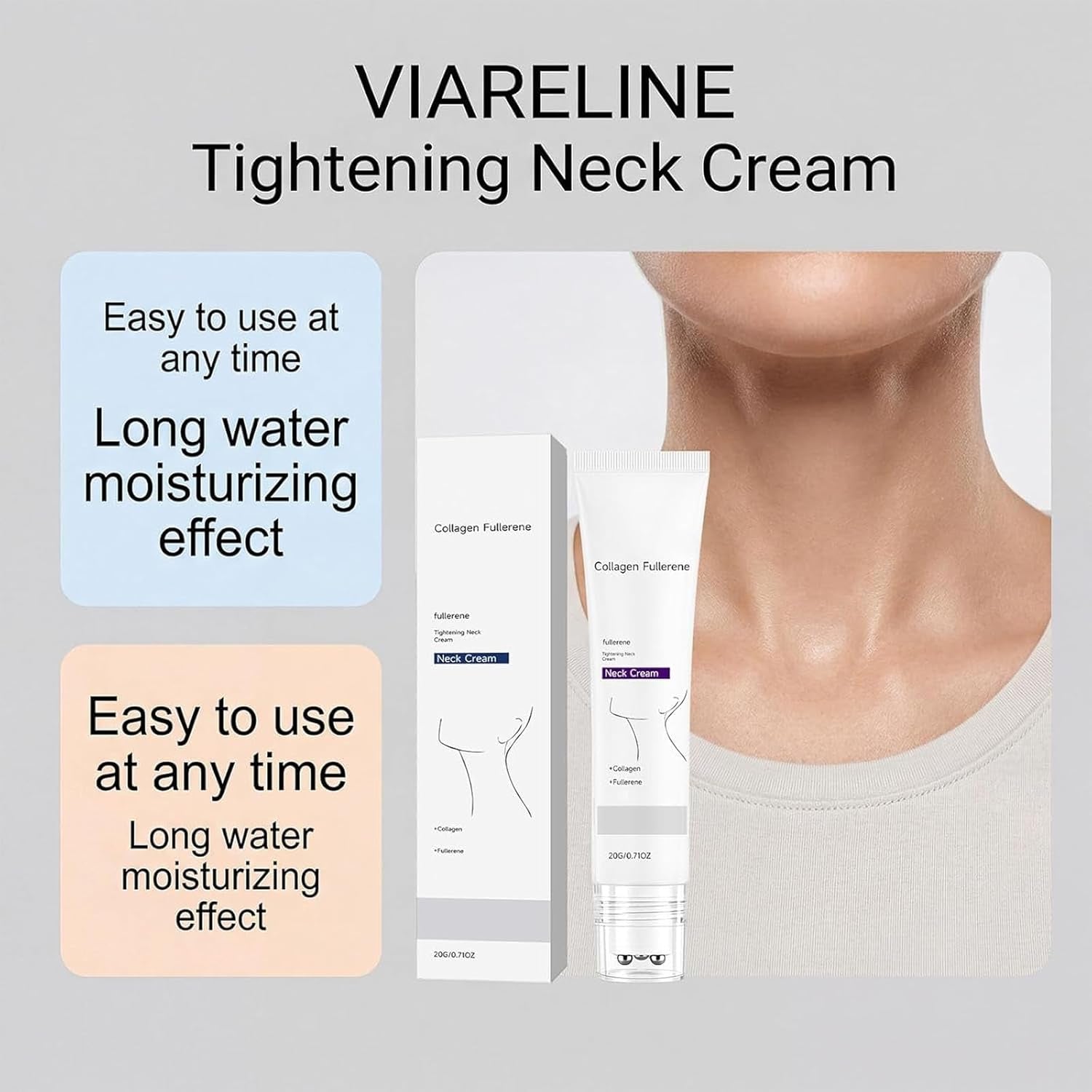 Magic Collagen Fullerene Neck Cream, Tighten and Lift Firming Neck Cream for Crepey Skin, Collagen Neck Cream with Five Rollers, Anti-Wrinkle Moisturizing Neck Skincare for Skin Types (1Pc)