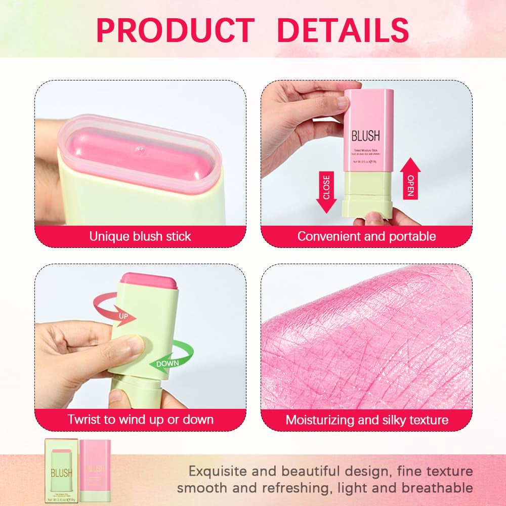 Multi-Use Blush Stick,Soft Creamy Blush,2-In-1 Cheek and Lip Tint,Waterproof Hydrating Solid Natural Moisture Smooth Blendable Matte Finish Face Blush Makeup,01 Shy Pink