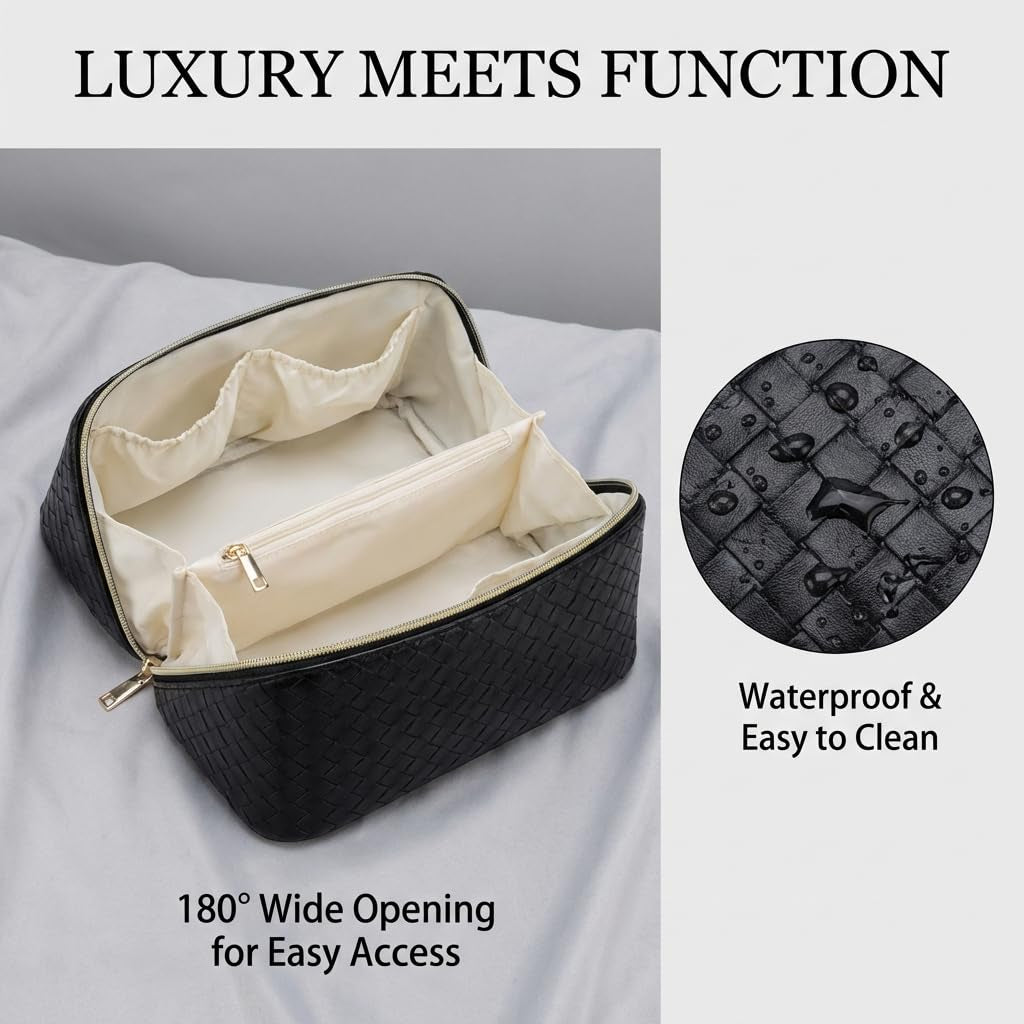 Travel Makeup Bag for Women, Cosmetic Organizer Bag with Compartments | Flat Open Cosmetic Bag, Multiple Compartments, Water-Resistant PU Leather for Skincare, Brushes & Travel Essentials, Black