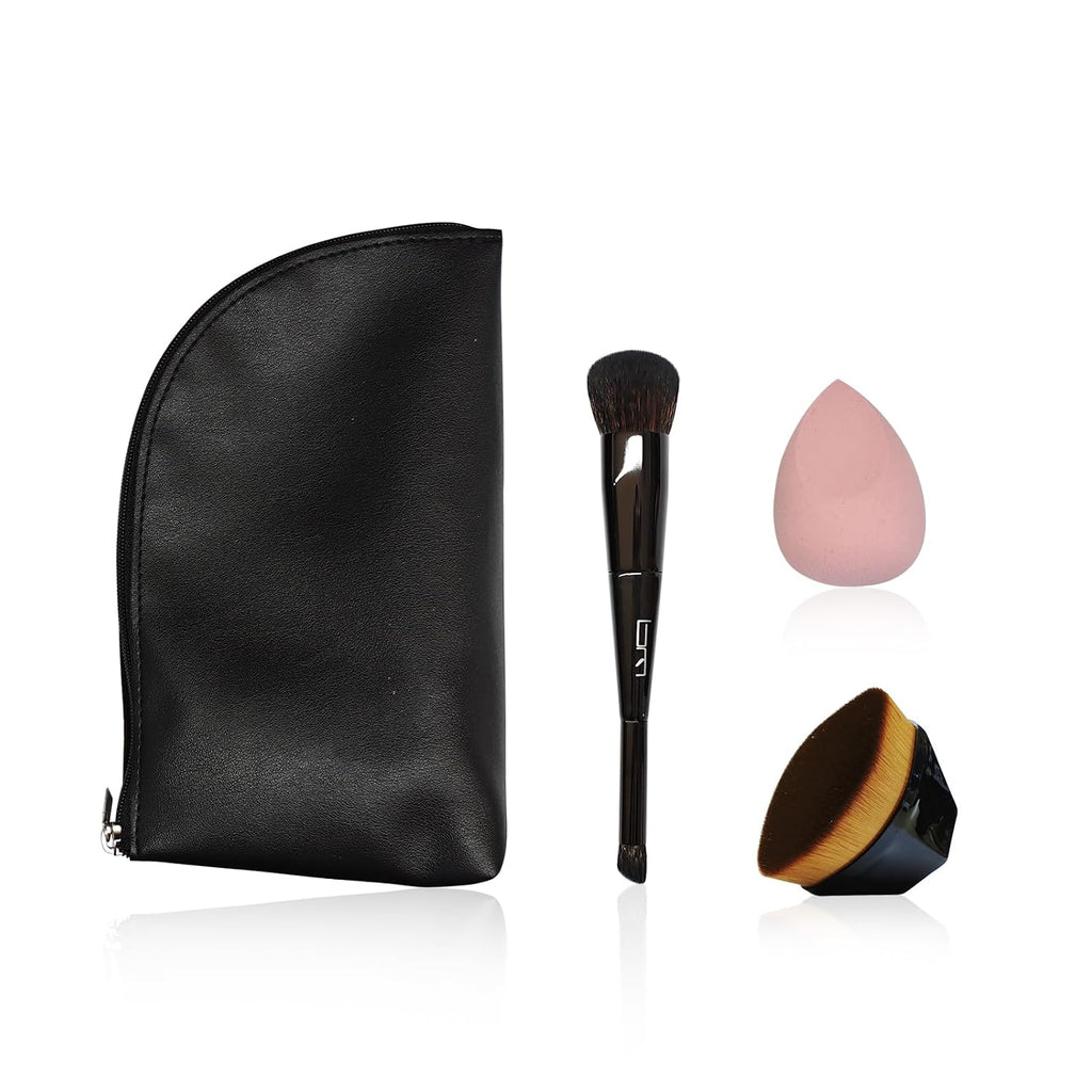 S50 3-Piece Makeup Brush and Sponge Set for Flawless Application - Includes Foundation Brush, Blending Sponge, and Dual End Kabuki & Concealer Brush, Synthetic Bristles, Black