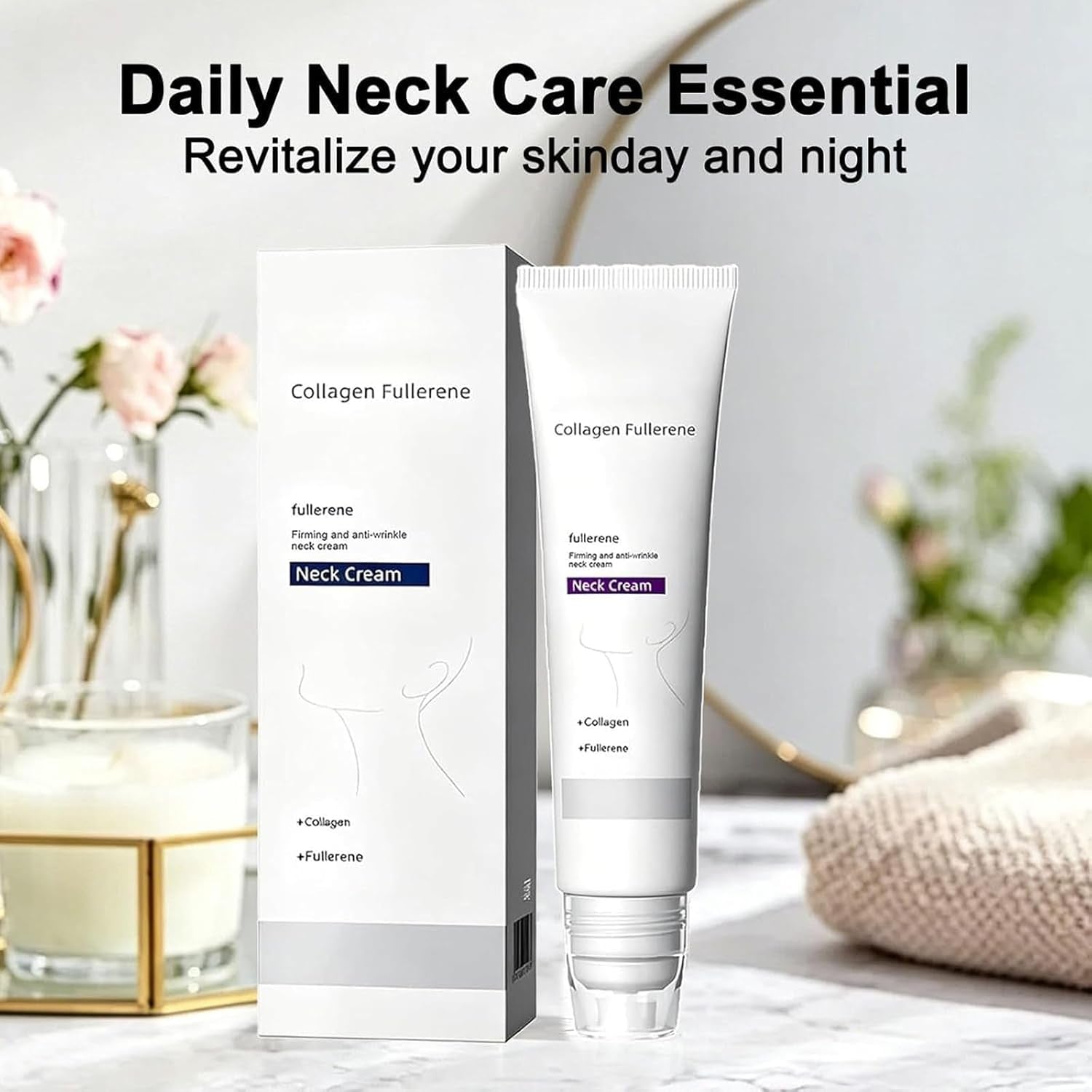 Magic Collagen Fullerene Neck Cream, Tighten and Lift Firming Neck Cream for Crepey Skin, Collagen Neck Cream with Five Rollers, Anti-Wrinkle Moisturizing Neck Skincare for Skin Types (1Pc)