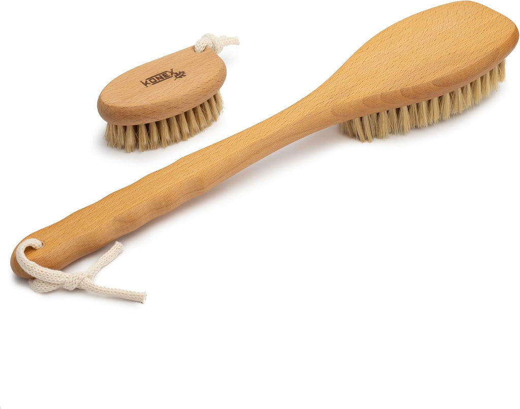 Bath Brush Set, Exfoliating Shower Scrubber, Dry Brushing Body Brush Set, Pore Opening, Beechwood Handle with Natural Bristle Large 15" plus Small Face Brush