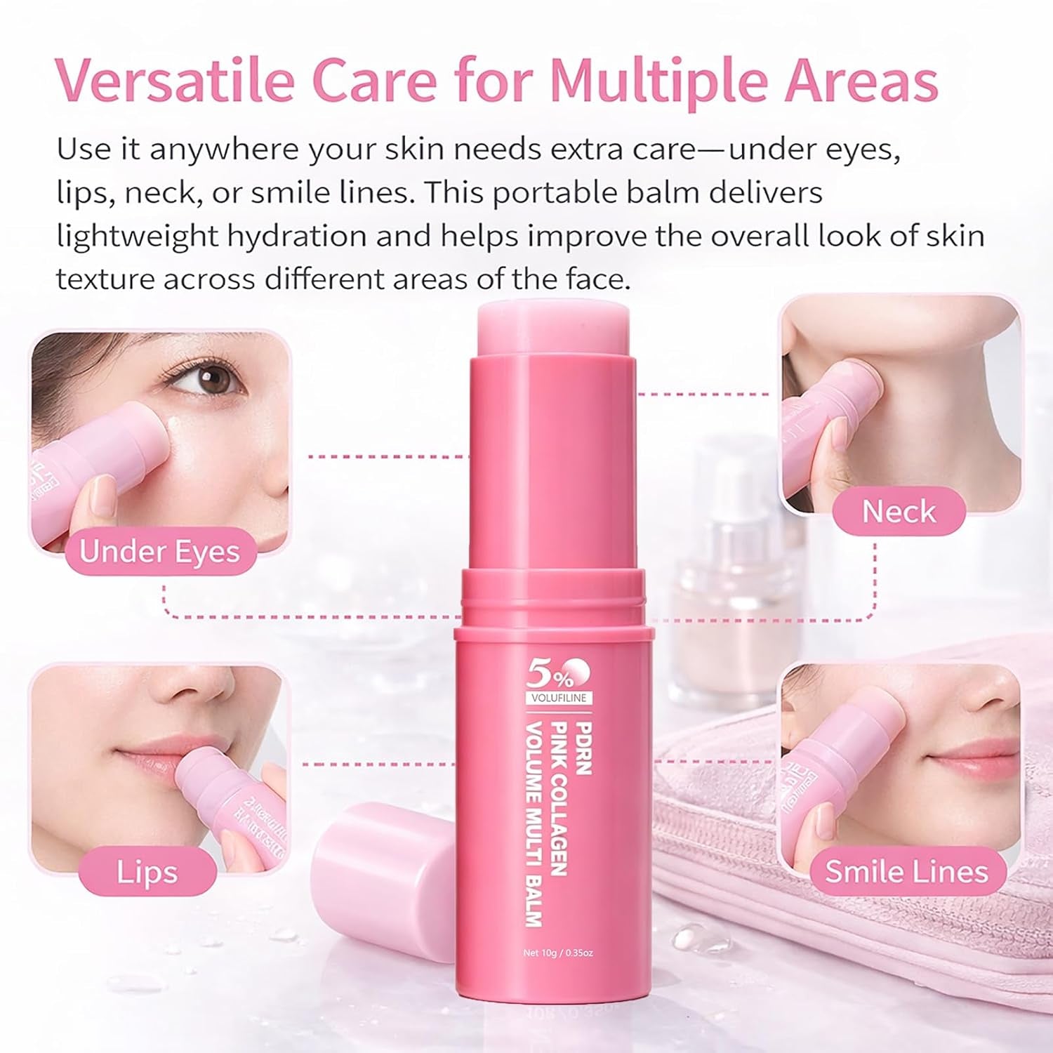 PDRN Pink Collagen Volume Multi Balm, 5% Volufiline NAD Infused for Radiant-Looking, Smooth-Looking Texture, PDRN Stick, Revitalizing Care for Smooth Face & Body for Under-Eyes, Neck, Forehead