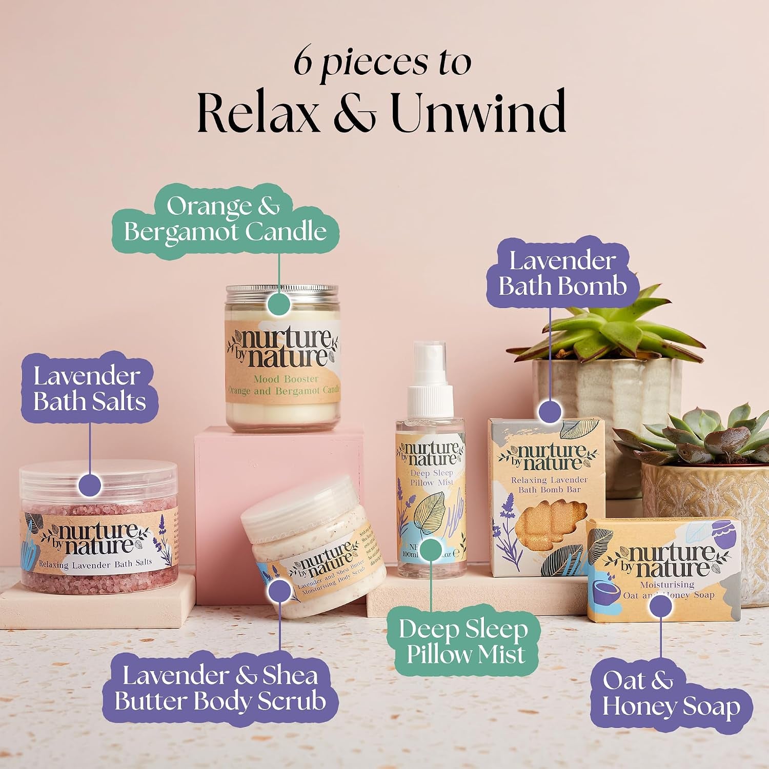 Nurture by Nature Self Care Gifts for Women - Spa Gift Baskets for Women & Relaxation Gifts | at Home Spa Kit | 6 Piece Bath Set with Pillow Spray, Candle, Bath Bomb & Bath Salts
