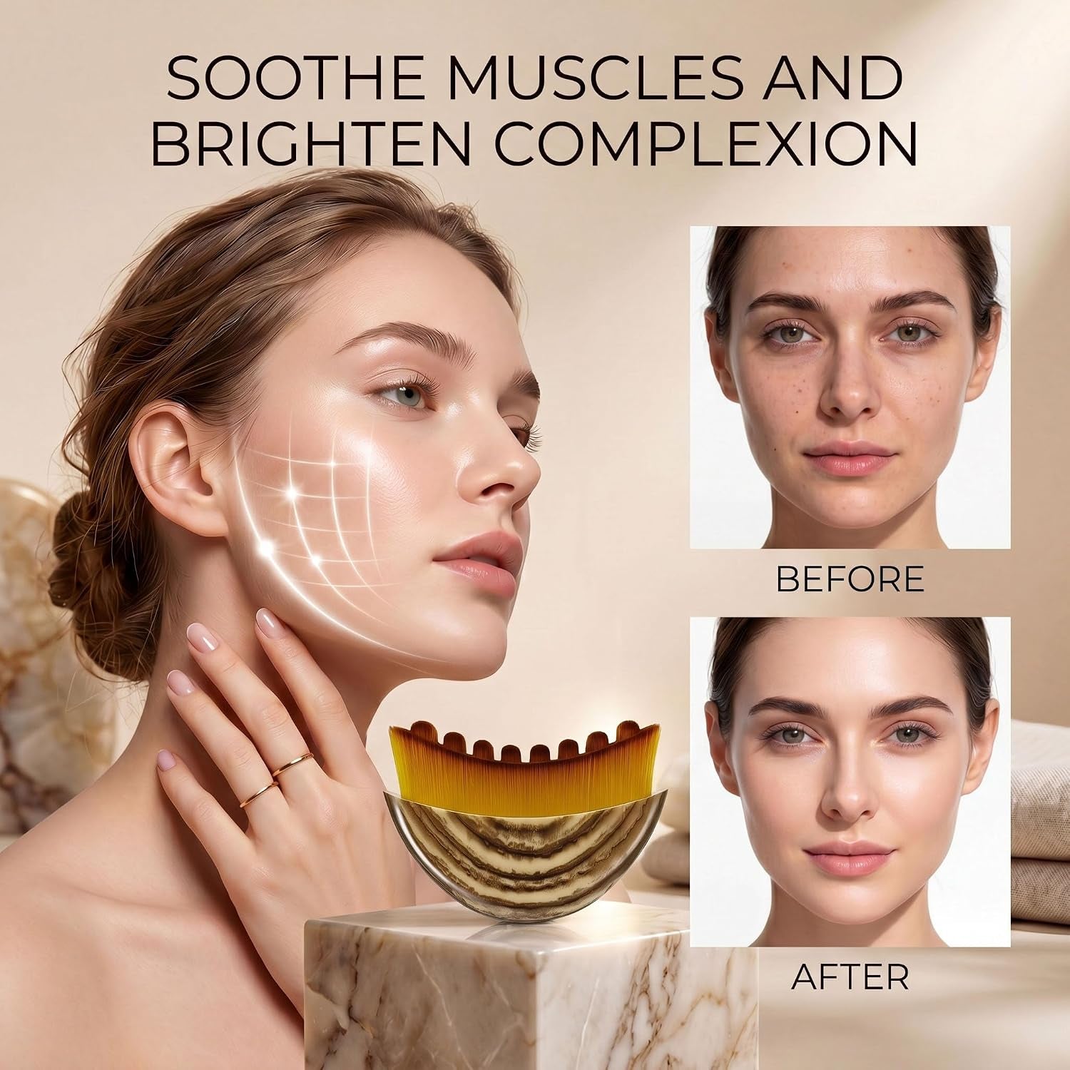 Lymphatic Drainage Face Brush for Sculpting, Contour Glow Massager Tool, Dry Brushing Facial Care for Jawline & Chin Definition, Ergonomic Beauty Applicator (Brown)