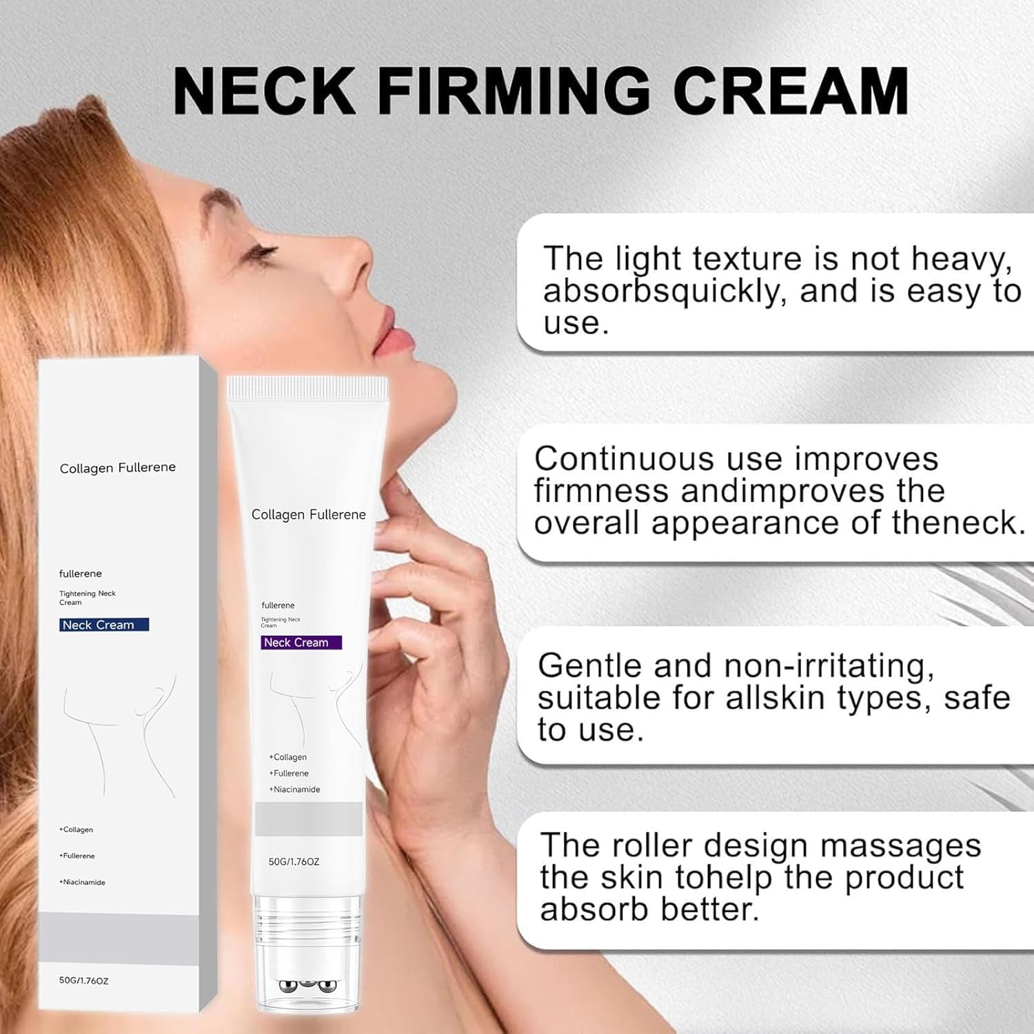 Magic Collagen Fullerene Neck Cream, Tighten and Lift Firming Neck Cream for Crepey Skin, Collagen Neck Cream with Five Rollers, Anti-Wrinkle Moisturizing Neck Skincare for Skin Types (1Pc)