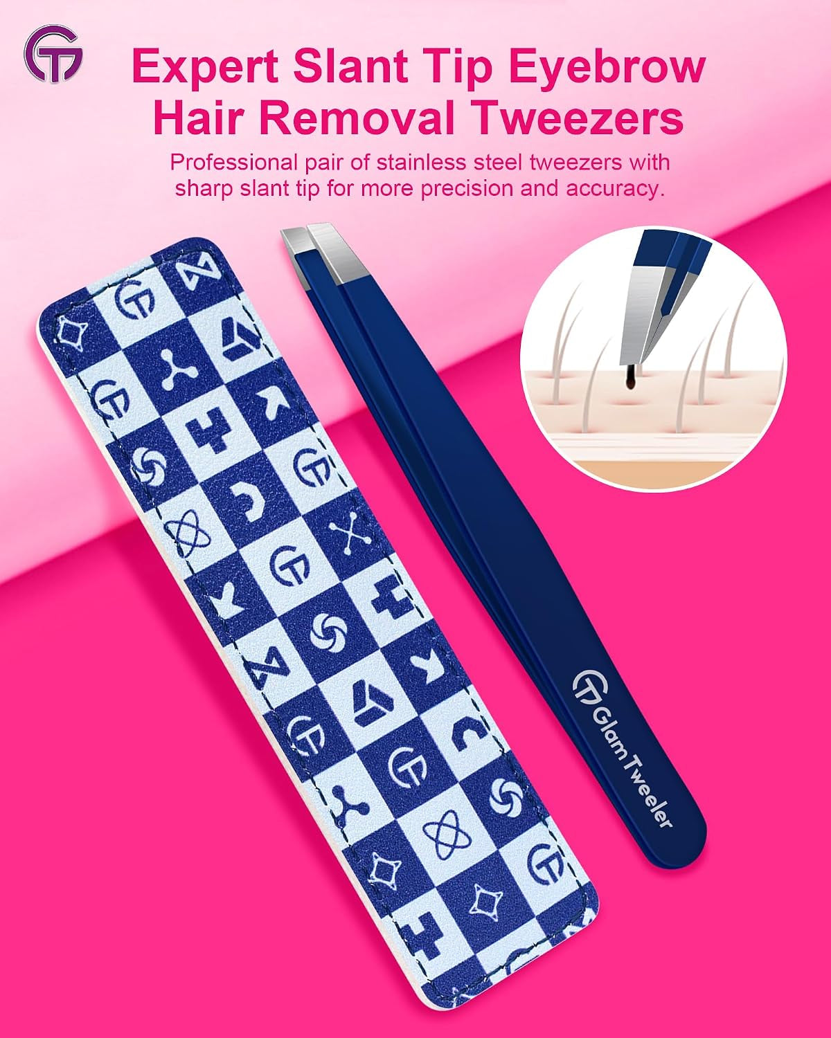 Expert Slant Tip Tweezers with Leather Travel Case,  Sharp & Precision Stainless Steel Tweezer for Eyebrows, Facial Hair and Fine Hairs Removal (Navy Blue)