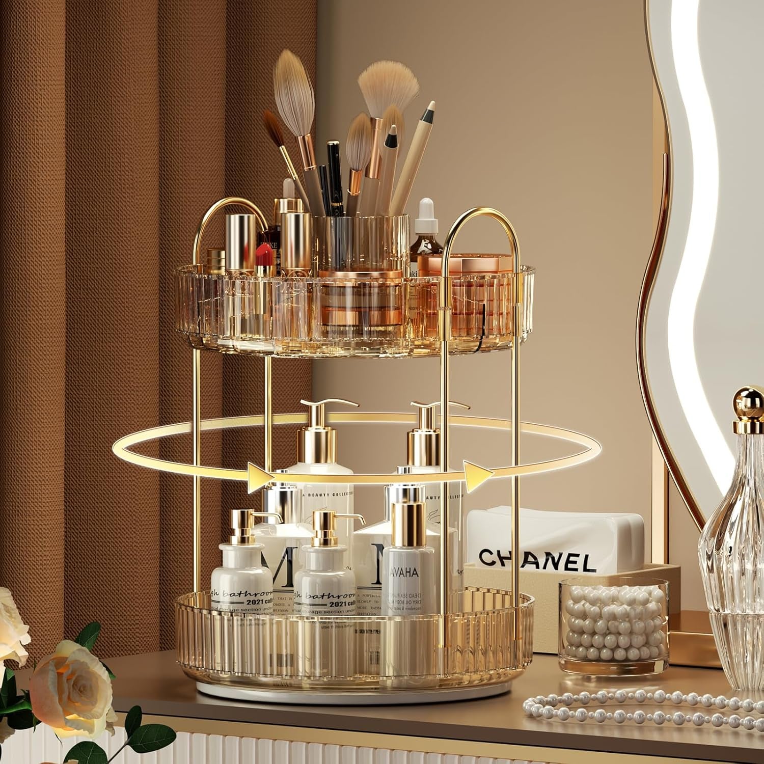 Rotating Makeup Organizer for Vanity, Large Capacity Make up Storage Skin Care Shelf Perfume Holders Cosmetic Dresser Organizer Countertop Spinning 360 (Amber Gold, 2Tiers)