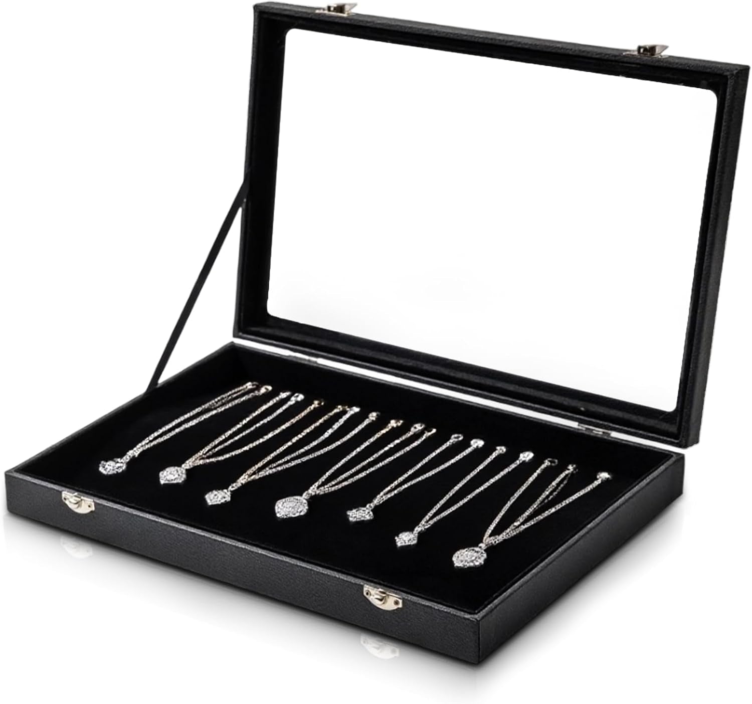 Necklace Organizer Box with Glass Lid – Velvet Jewelry Display Case with 20 Hooks, Necklace Holder Organizer Storage Box for Necklaces, Chains, Pendants, Jewelry Tray for Drawer or Countertop