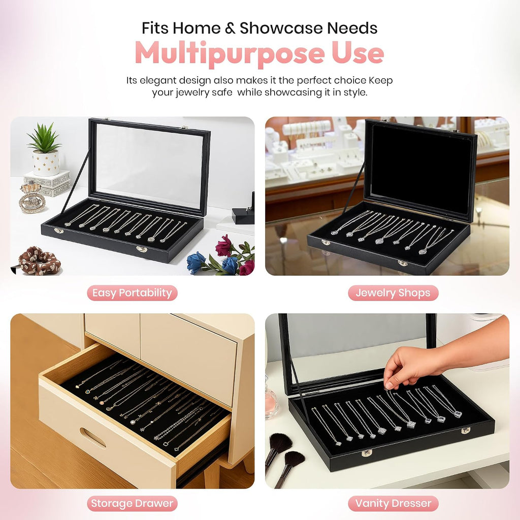 Necklace Organizer Box with Glass Lid – Velvet Jewelry Display Case with 20 Hooks, Necklace Holder Organizer Storage Box for Necklaces, Chains, Pendants, Jewelry Tray for Drawer or Countertop