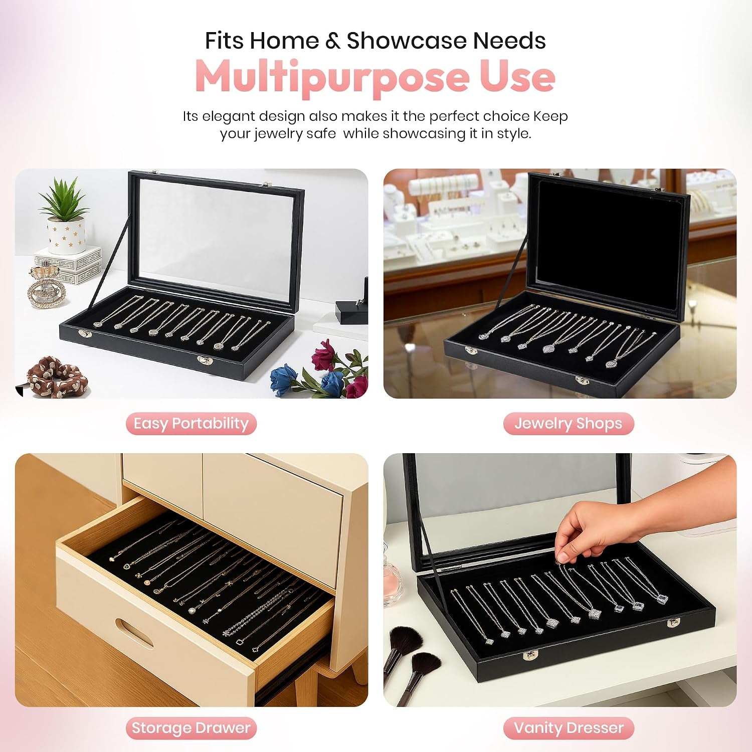 Necklace Organizer Box with Glass Lid – Velvet Jewelry Display Case with 20 Hooks, Necklace Holder Organizer Storage Box for Necklaces, Chains, Pendants, Jewelry Tray for Drawer or Countertop