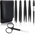 6 PCS Professional Tweezers Set - Stainless Steel Precision Tweezer Kit for Eyebrows, Facial Hair, Ingrown Hair & Splinter Removal with Travel Case (Black)