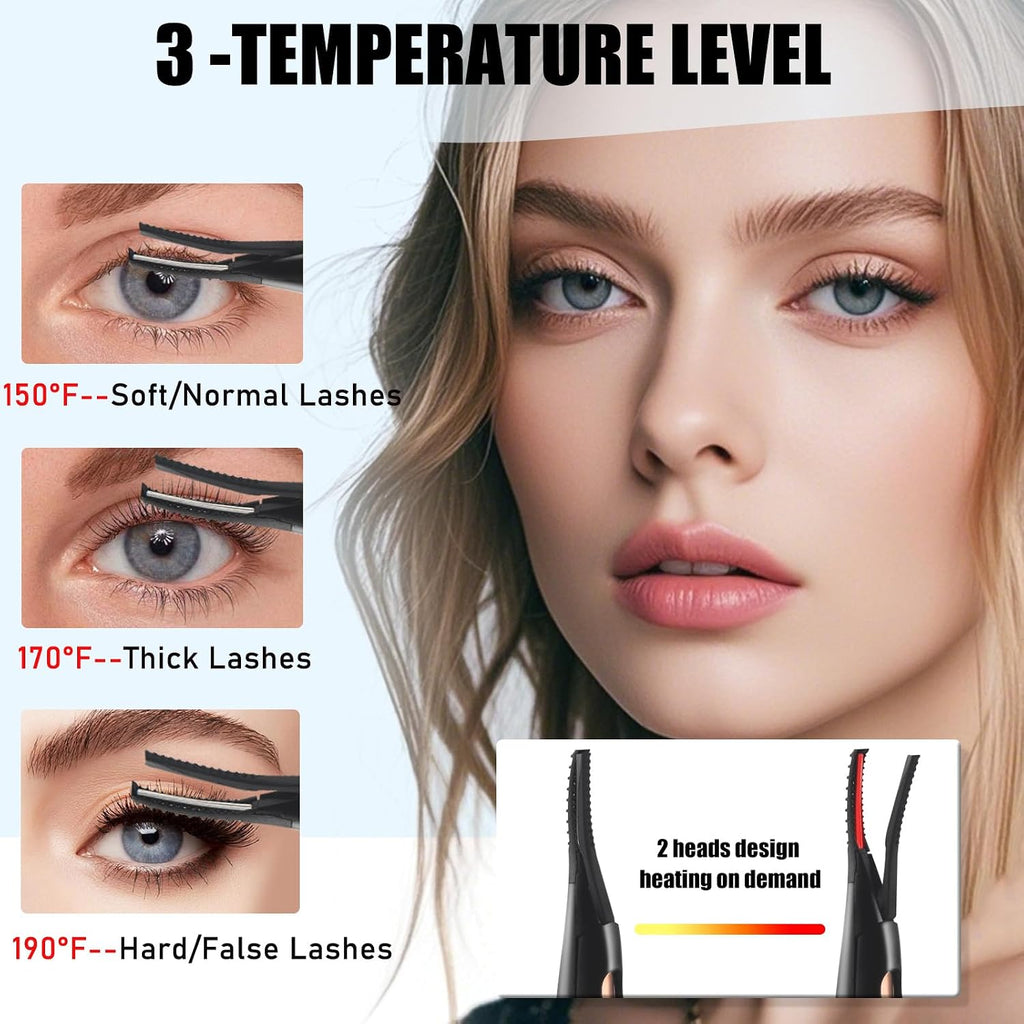 Heated Eyelash Curlers - 2 in 1 Clip- Type Heated Lash Curler Best Seller Electric Eyelash Curler LED Display 3 Temp Settings for Makeup Tools USB Rechargeable Natural Curling 24H Long Lasting QI5