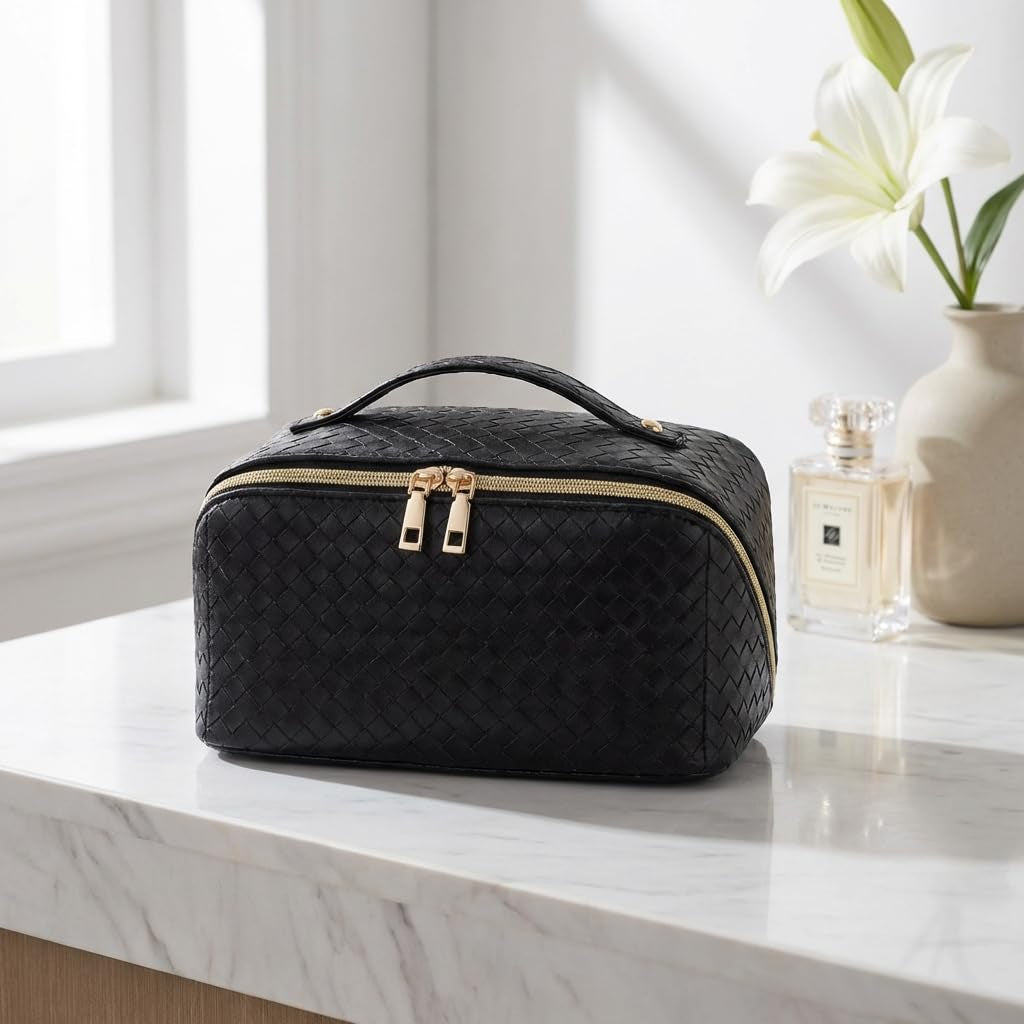 Travel Makeup Bag for Women, Cosmetic Organizer Bag with Compartments | Flat Open Cosmetic Bag, Multiple Compartments, Water-Resistant PU Leather for Skincare, Brushes & Travel Essentials, Black