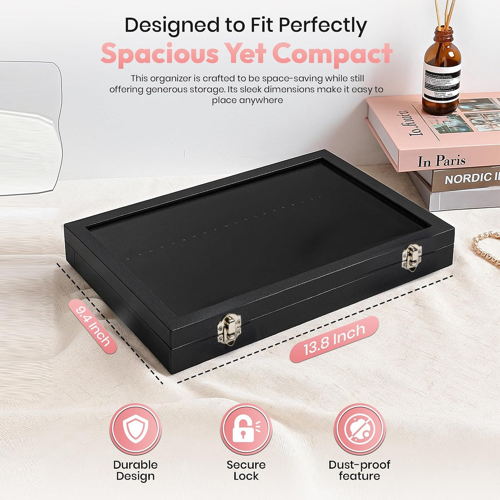 Necklace Organizer Box with Glass Lid – Velvet Jewelry Display Case with 20 Hooks, Necklace Holder Organizer Storage Box for Necklaces, Chains, Pendants, Jewelry Tray for Drawer or Countertop