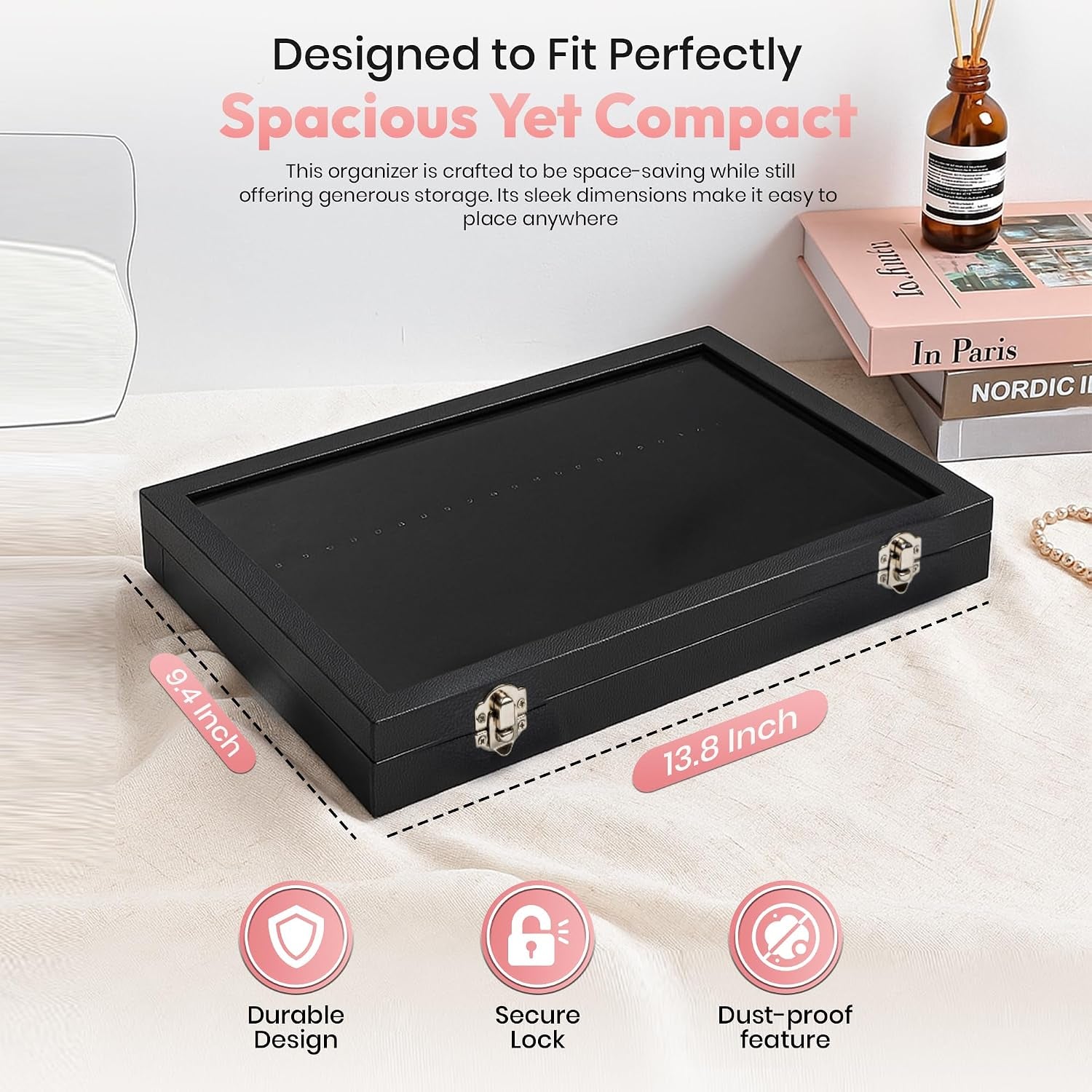 Necklace Organizer Box with Glass Lid – Velvet Jewelry Display Case with 20 Hooks, Necklace Holder Organizer Storage Box for Necklaces, Chains, Pendants, Jewelry Tray for Drawer or Countertop