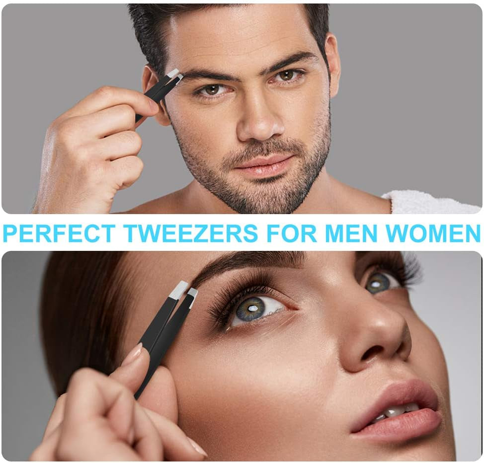 6 PCS Professional Tweezers Set - Stainless Steel Precision Tweezer Kit for Eyebrows, Facial Hair, Ingrown Hair & Splinter Removal with Travel Case (Black)