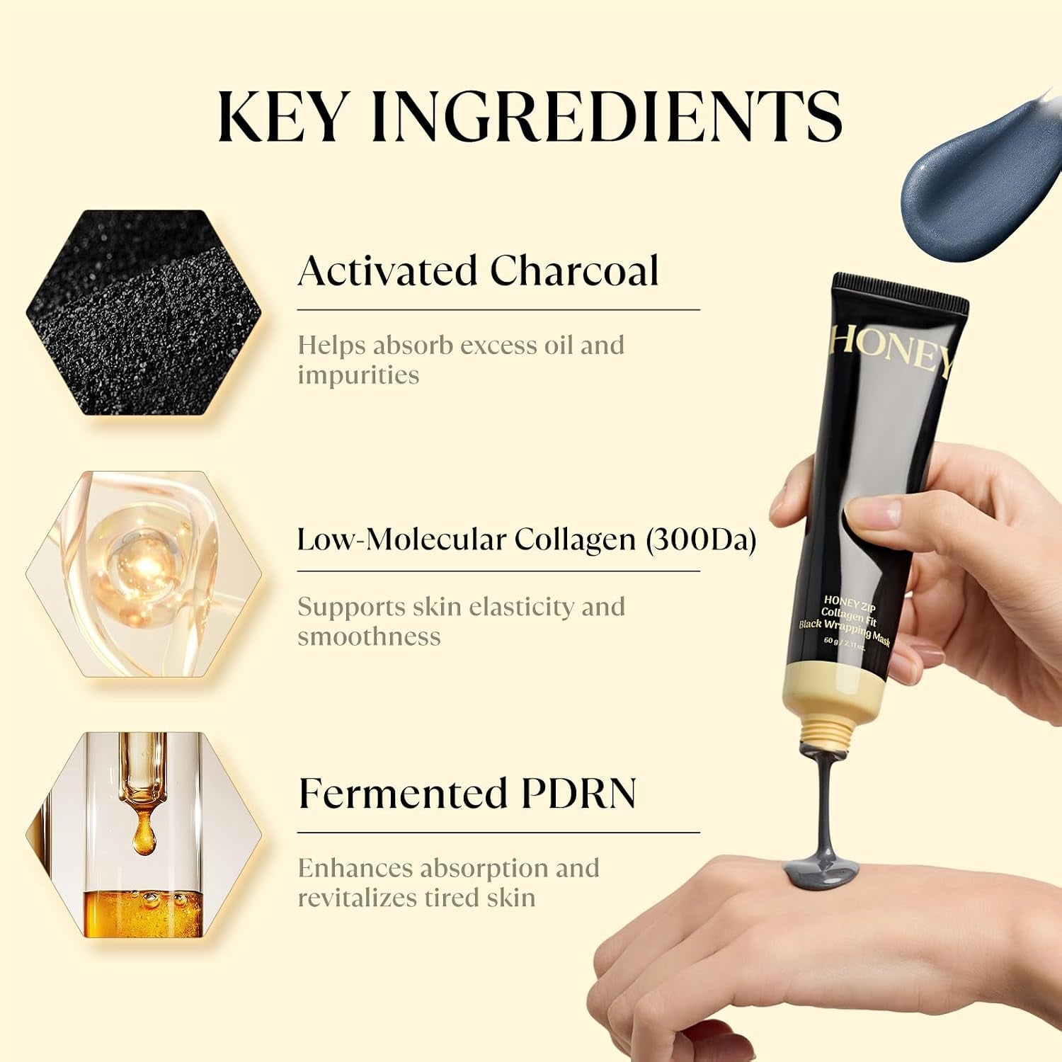 Korean Collagen Wrapping Mask, Peel off Mask with Honey & Charcoal for Hydrating, Elasticity and Glass Skin, Suitable for All Skin Types, 60G