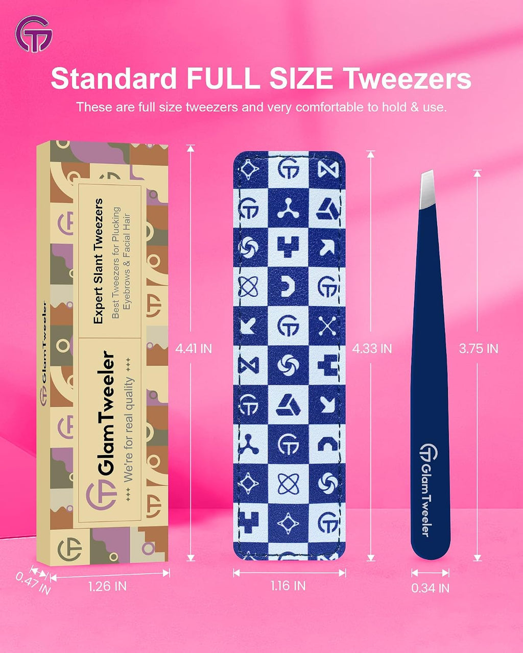 Expert Slant Tip Tweezers with Leather Travel Case,  Sharp & Precision Stainless Steel Tweezer for Eyebrows, Facial Hair and Fine Hairs Removal (Navy Blue)