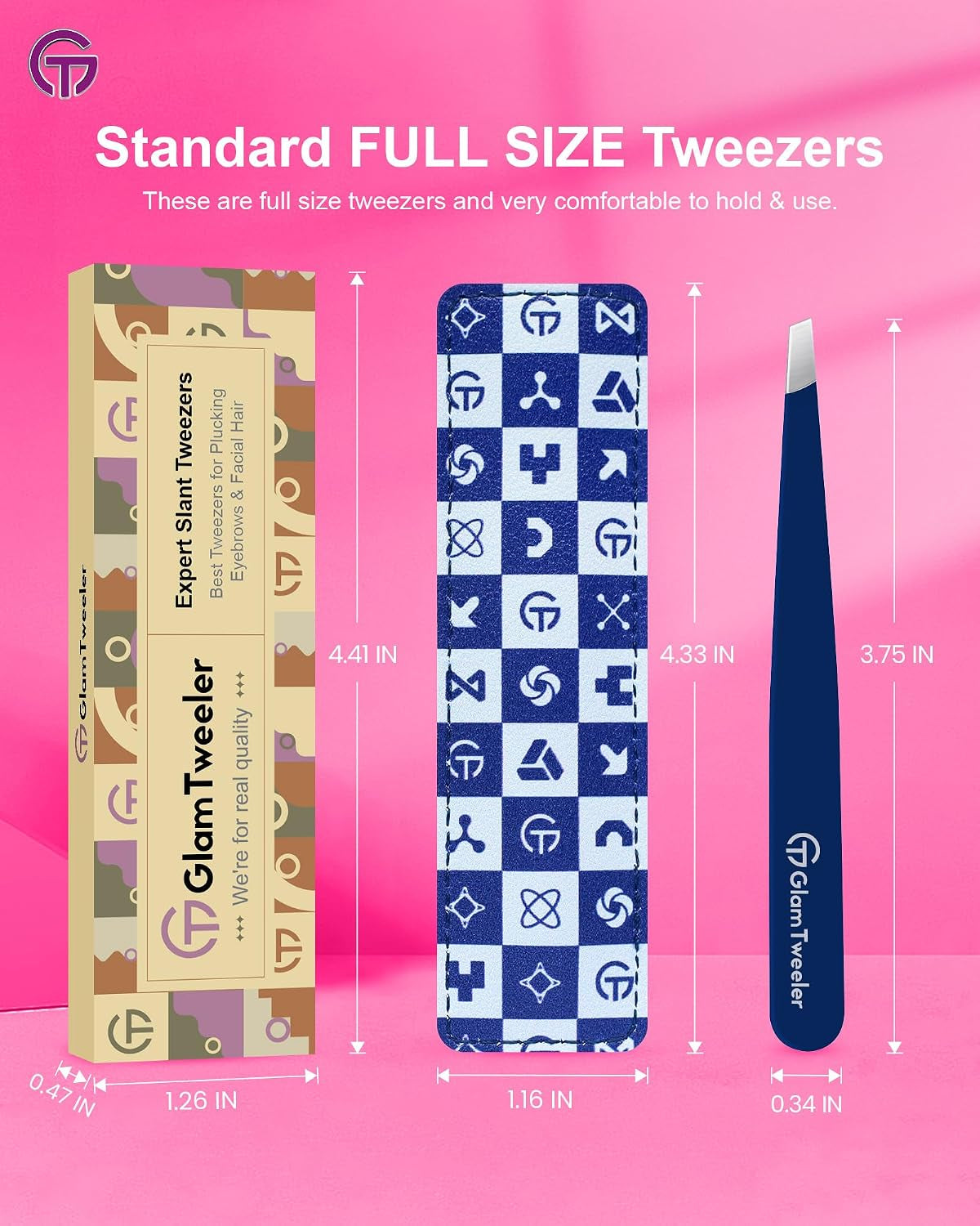 Expert Slant Tip Tweezers with Leather Travel Case,  Sharp & Precision Stainless Steel Tweezer for Eyebrows, Facial Hair and Fine Hairs Removal (Navy Blue)