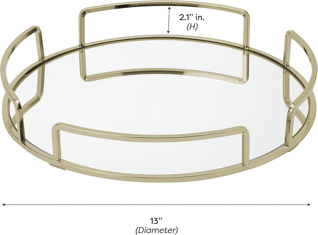 Rounded Mirrored Vanity Tray | Dimensions : 12.99" L X 12.99" W X 2.05" H | Glass Base | Great for Cosmetics | Jewelry | Toiletries | Organization | Stain Gold
