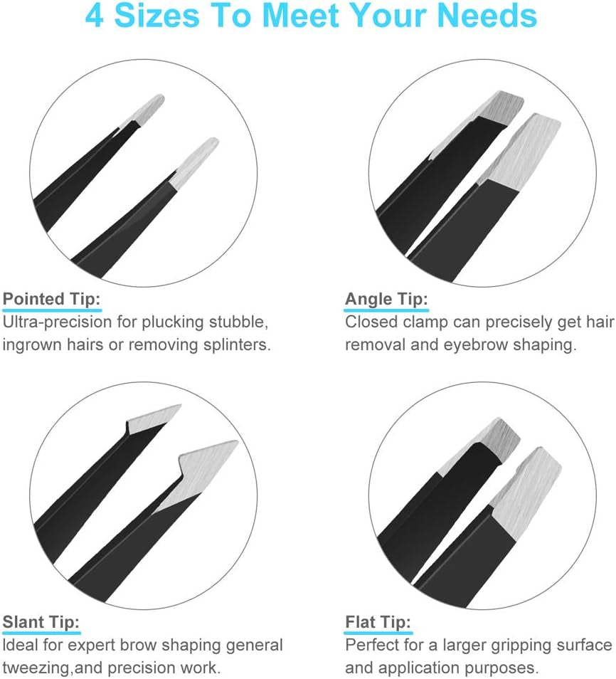 6 PCS Professional Tweezers Set - Stainless Steel Precision Tweezer Kit for Eyebrows, Facial Hair, Ingrown Hair & Splinter Removal with Travel Case (Black)