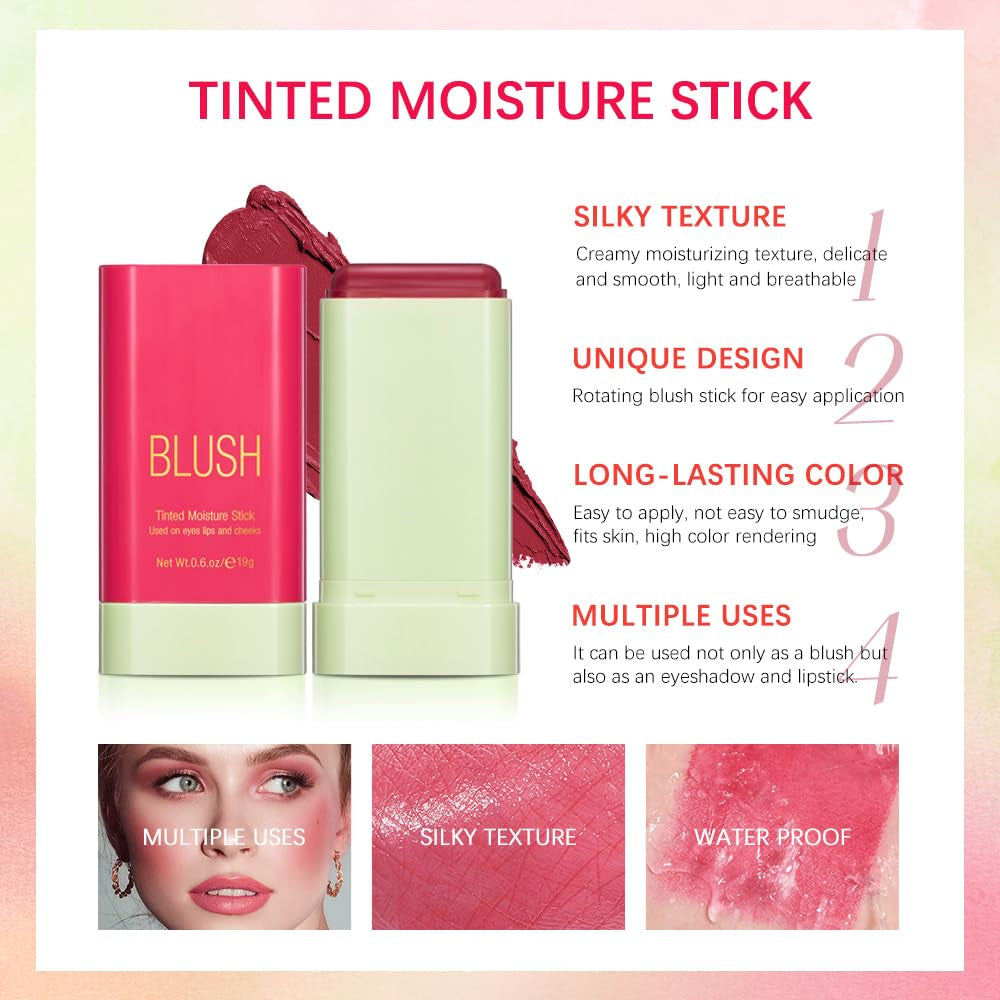 Multi-Use Blush Stick,Soft Creamy Blush,2-In-1 Cheek and Lip Tint,Waterproof Hydrating Solid Natural Moisture Smooth Blendable Matte Finish Face Blush Makeup,01 Shy Pink
