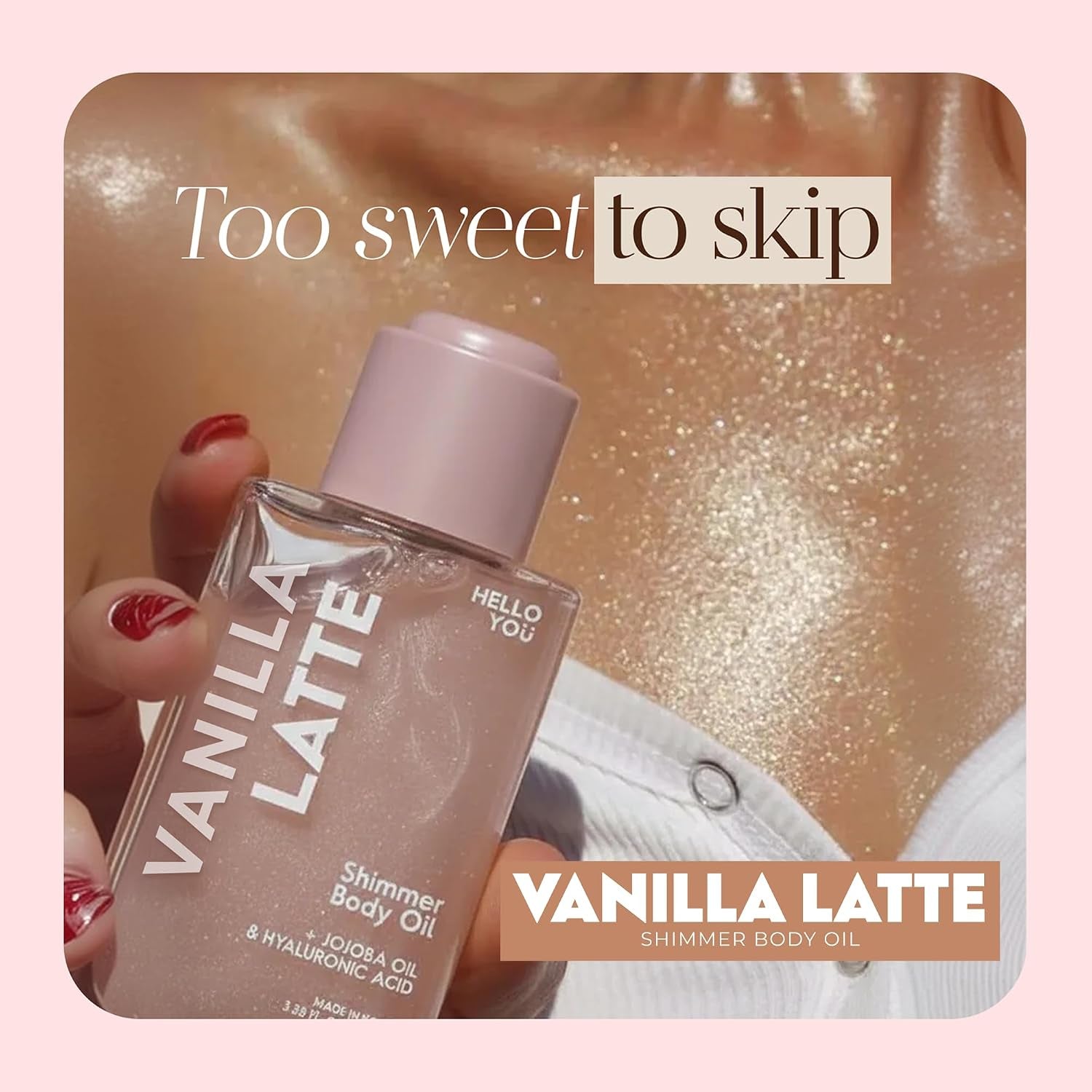 Jojoba Oil & Hyaluronic Acid Shimmer Body Oil – Dermatologist Tested, anti Aging, Korean Skin Care – Deep Hydration & Plumping Glow with Vanilla Latte Scent – Vegan Clean Beauty – 3.38 Fl Oz