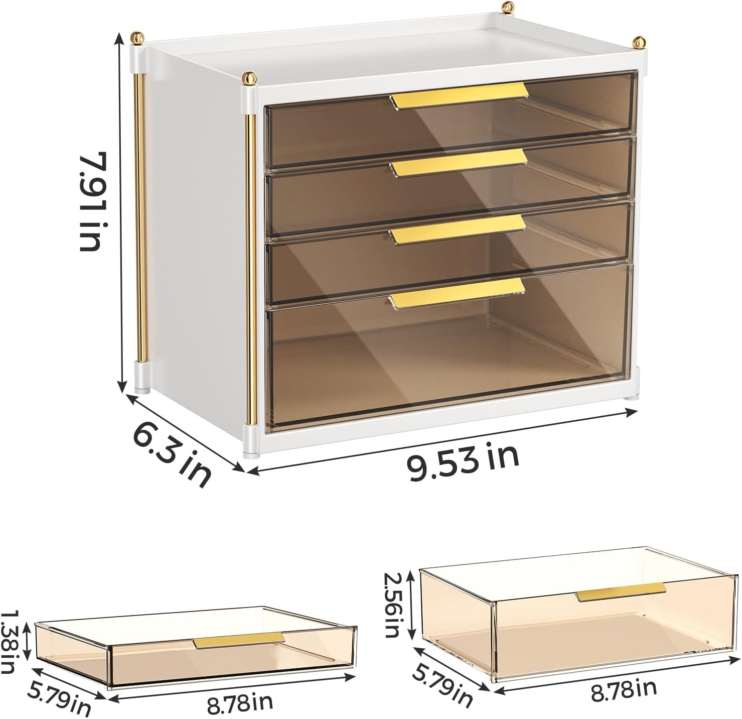 4 Drawers Makeup Organizer- Bathroom Organizers and Storage, Plastic Bins Countertop Perfume Vanity Desk Organization for Cosmetic, Skincare, Face Mask, Jewelry, Gold