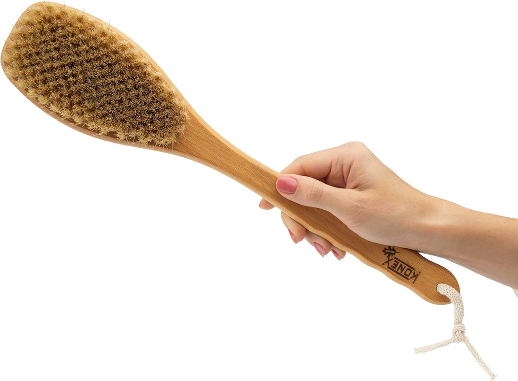Bath Brush Set, Exfoliating Shower Scrubber, Dry Brushing Body Brush Set, Pore Opening, Beechwood Handle with Natural Bristle Large 15" plus Small Face Brush