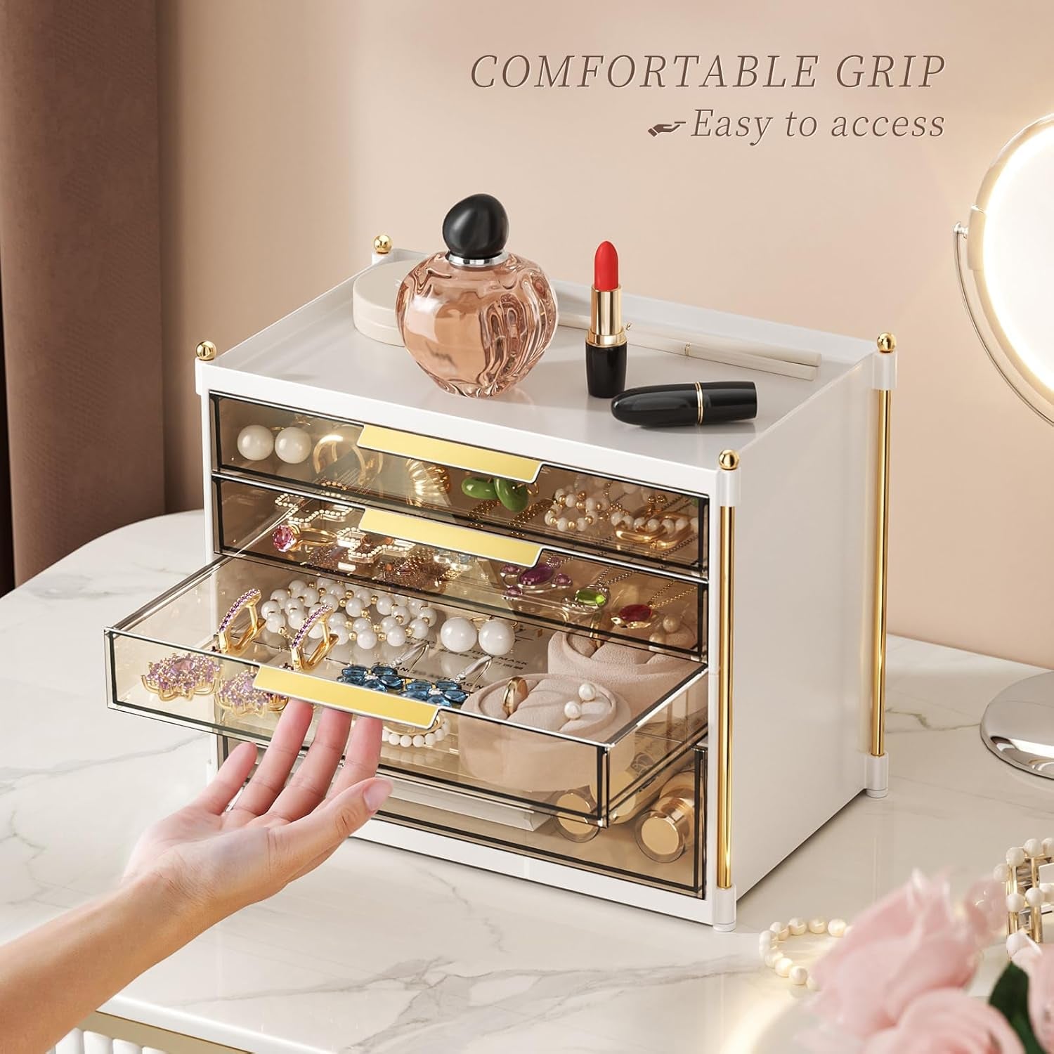 4 Drawers Makeup Organizer- Bathroom Organizers and Storage, Plastic Bins Countertop Perfume Vanity Desk Organization for Cosmetic, Skincare, Face Mask, Jewelry, Gold