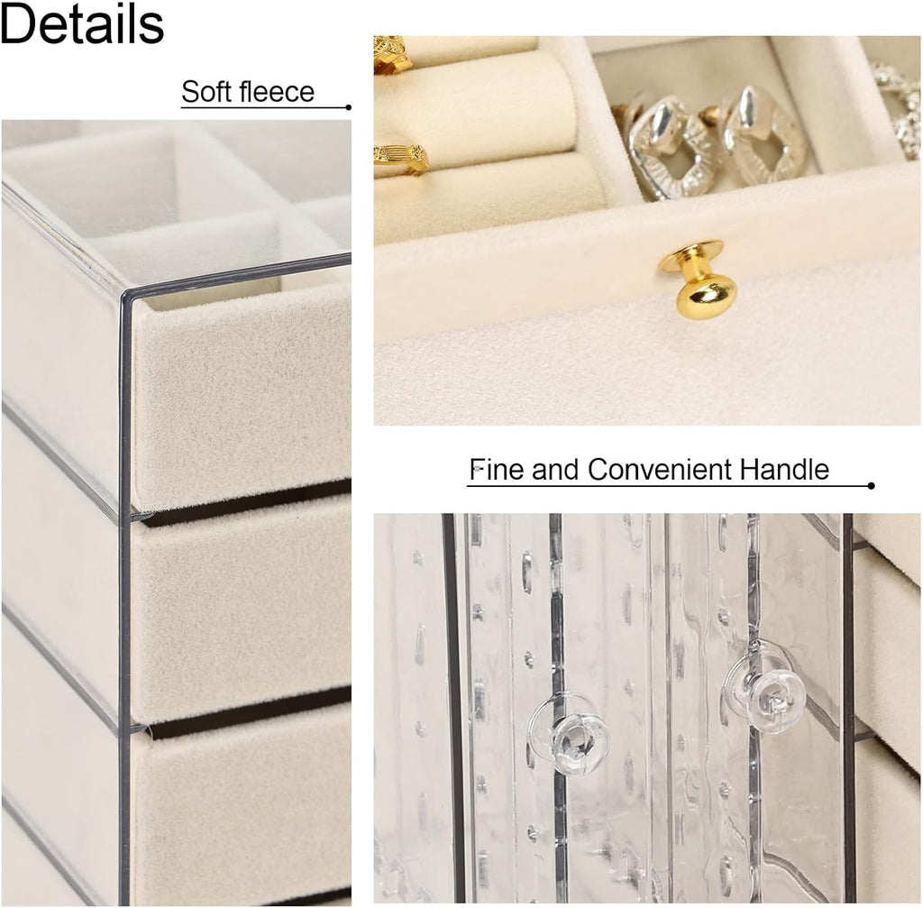 Jewelry Organizer and Storage with 7 Removable Drawers, Clear Acrylic Jewelry Box with 16 Necklace Hooks 48 Pairs of Earring Holes 5 Velvet-Lined Drawers for Rings Bracelets Necklaces