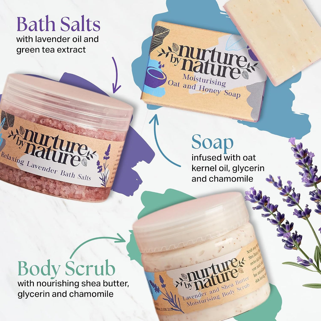 Nurture by Nature Self Care Gifts for Women - Spa Gift Baskets for Women & Relaxation Gifts | at Home Spa Kit | 6 Piece Bath Set with Pillow Spray, Candle, Bath Bomb & Bath Salts