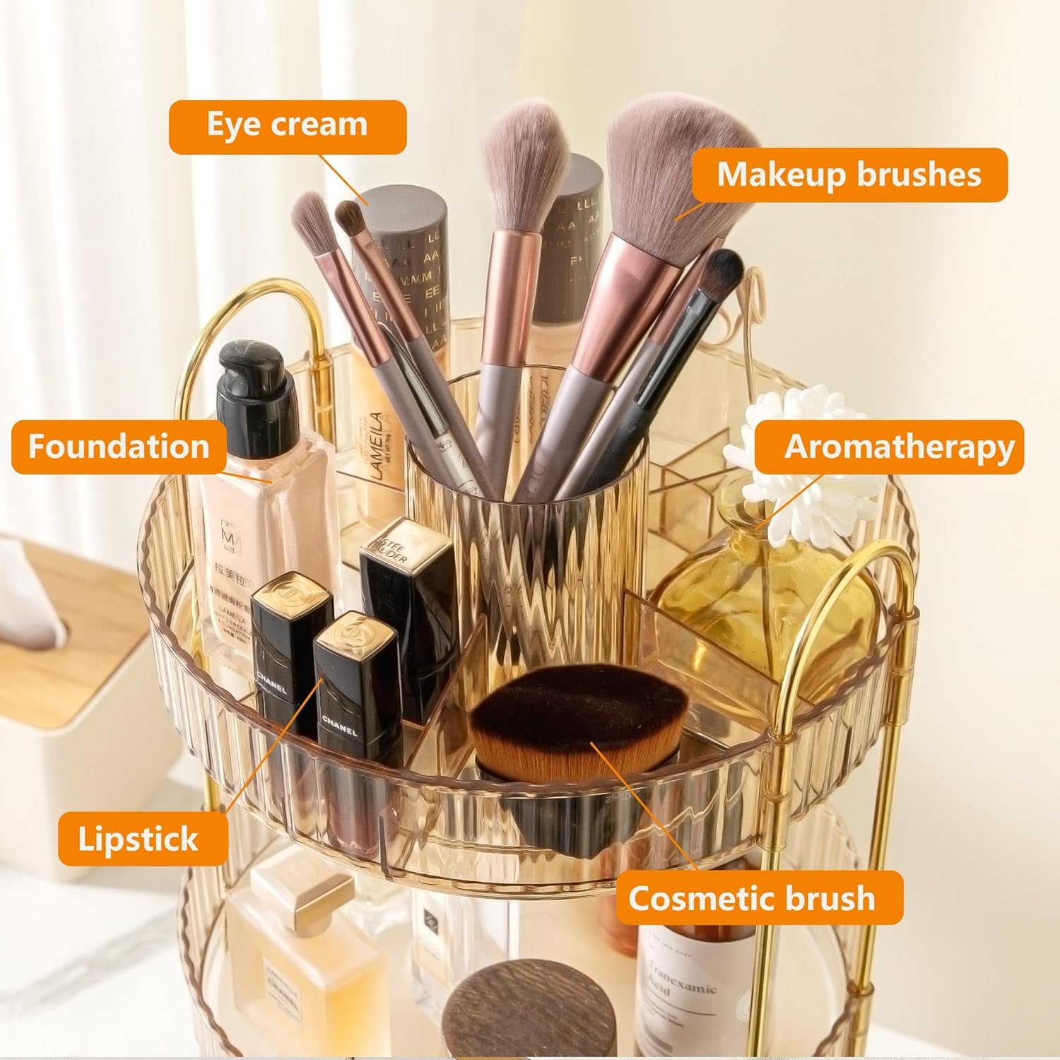 Rotating Makeup Organizer for Vanity, Large Capacity Make up Storage Skin Care Shelf Perfume Holders Cosmetic Dresser Organizer Countertop Spinning 360 (Amber Gold, 2Tiers)