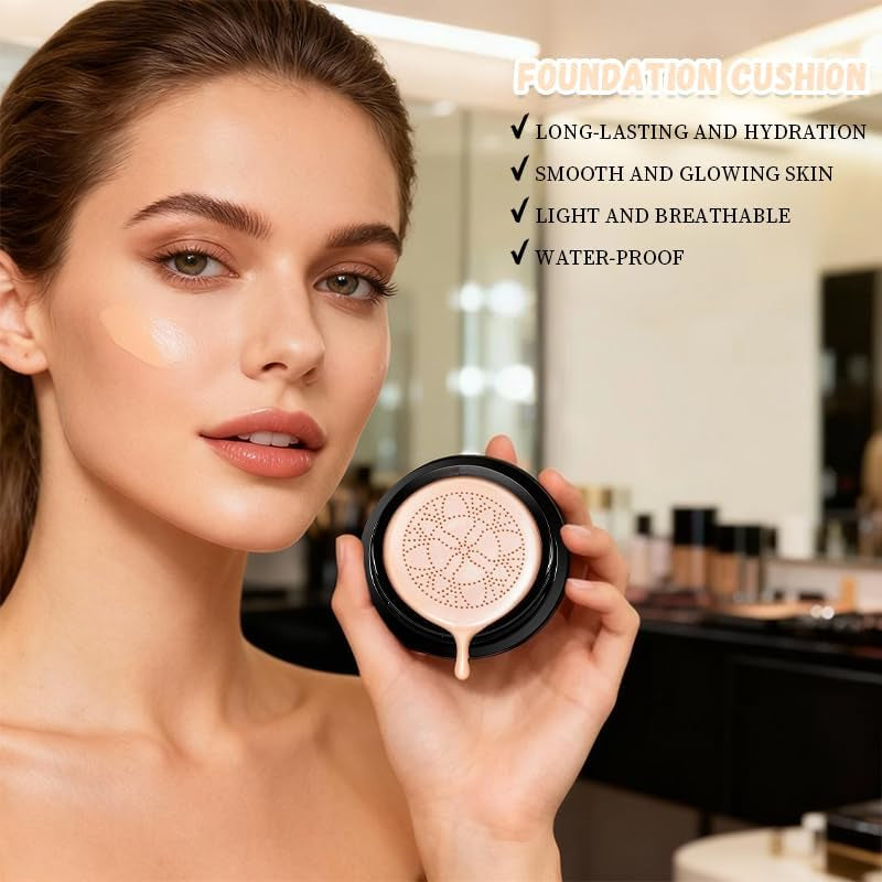 Hush Natural Glow Foundation for Mature Skin, 2026 Mushroom Head Air Cushion CC Cream, Full Coverage Long-Lasting BB Cream for Older Women, Natural Radiant Glow for Light/Medium Warm Tone Skin