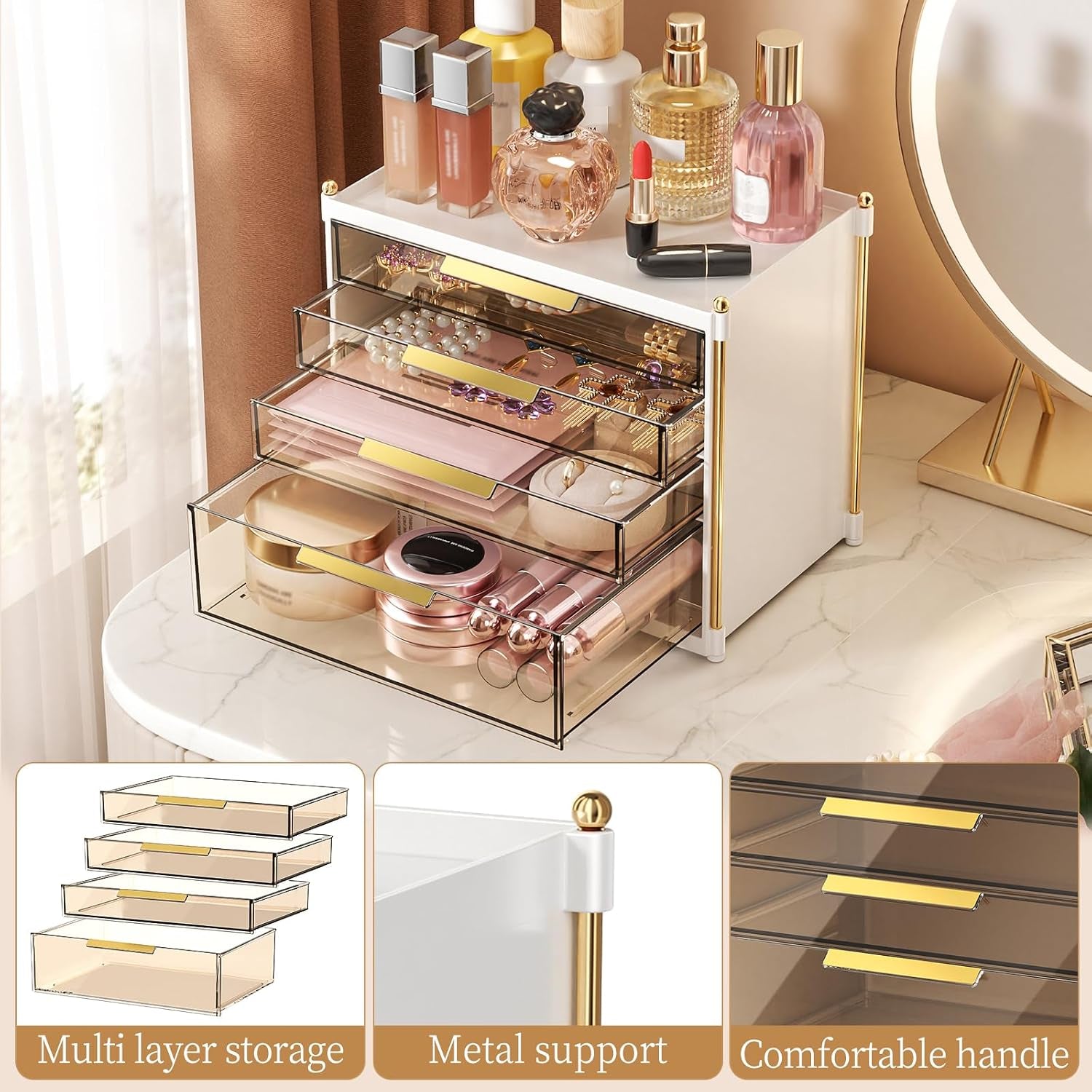 4 Drawers Makeup Organizer- Bathroom Organizers and Storage, Plastic Bins Countertop Perfume Vanity Desk Organization for Cosmetic, Skincare, Face Mask, Jewelry, Gold