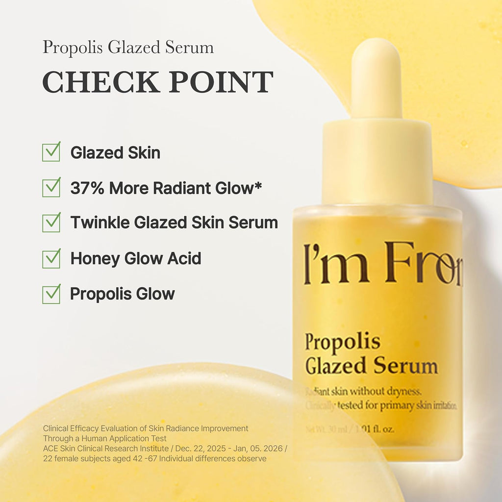 Propolis Glazed Serum, Honey-Based Glow Serum for Glass Skin, Hydration & Skin Barrier Care, Lightweight Dual-Layer Formula, Niacinamide, Korean Skin Care 1.01Fl.Oz