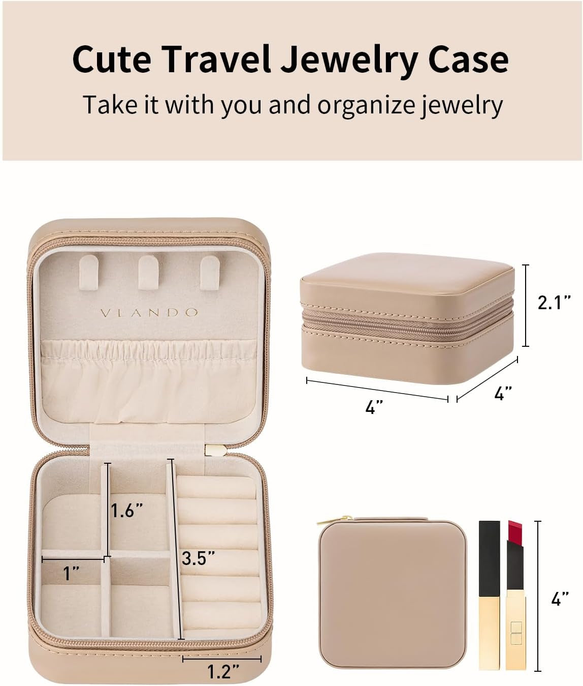 Travel Jewelry Case, Compact Design, Necklace Hook, Anti-Tangle | Removable Dividers, Waterproof PU Leather, Scratch-Resistant Lining, Portable Storage for Rings, Earrings, Necklace，Bracelet