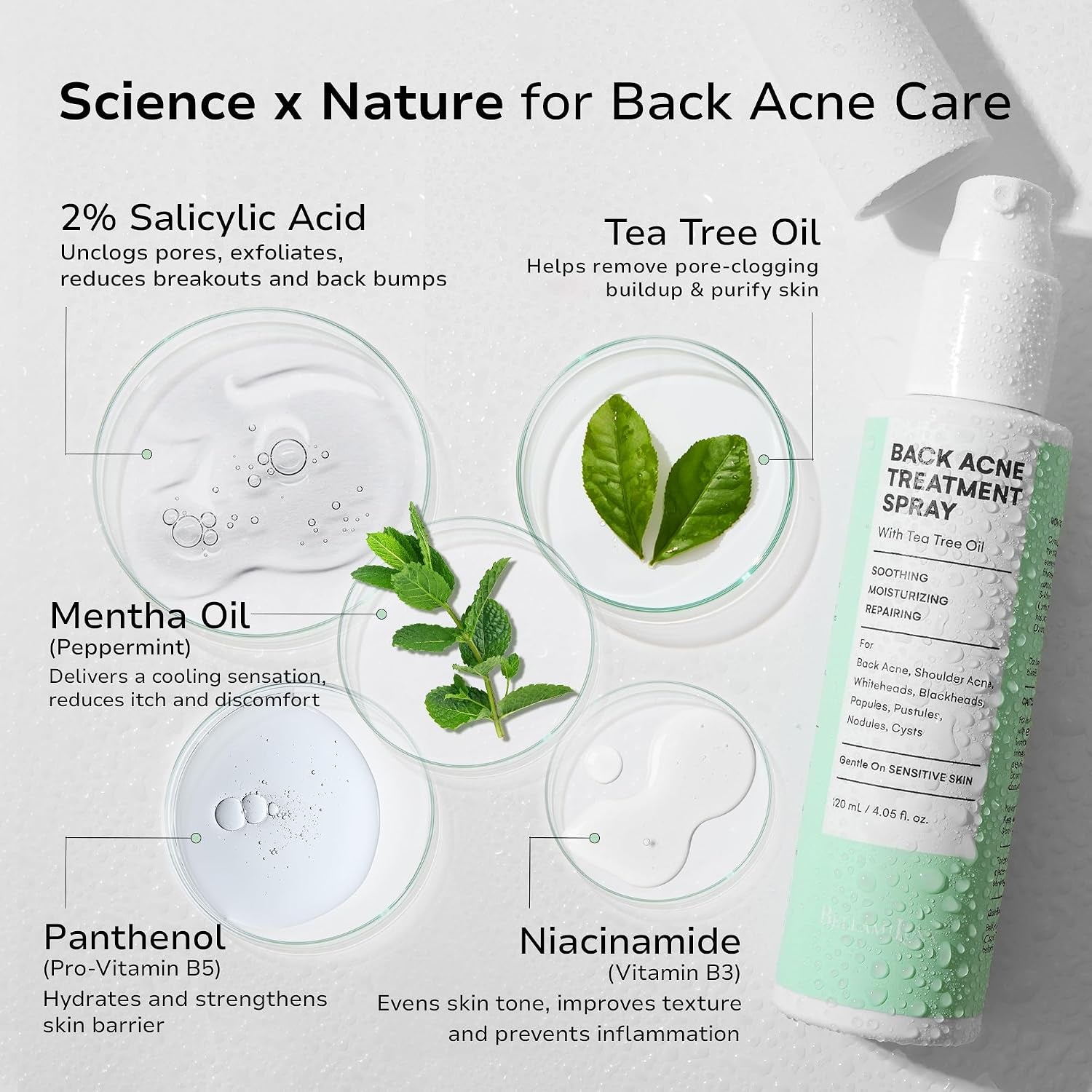Back & Body Acne Treatment: 2% Salicylic Acid Back Acne Spray for Clear, Soothe & Moisturize - Effective Bacne Treatment with Tea Tree Oil, Body Acne Spray for Men, Women & Teens