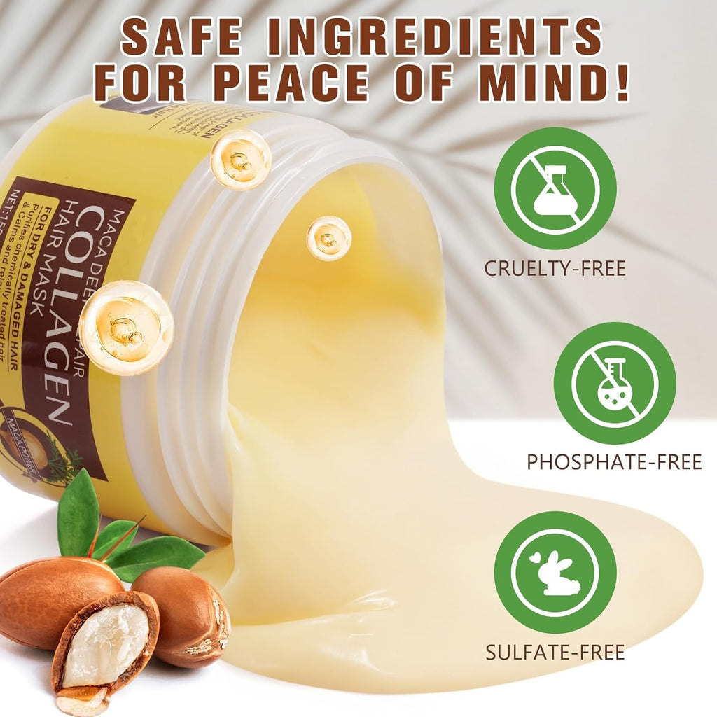 Collagen Hair Mask, Collagen Hair Treatment for Dry Damaged Hair, Deep Repair Conditioner with Maca Essence, Hydrating and Moisturizes Hair - 150Ml