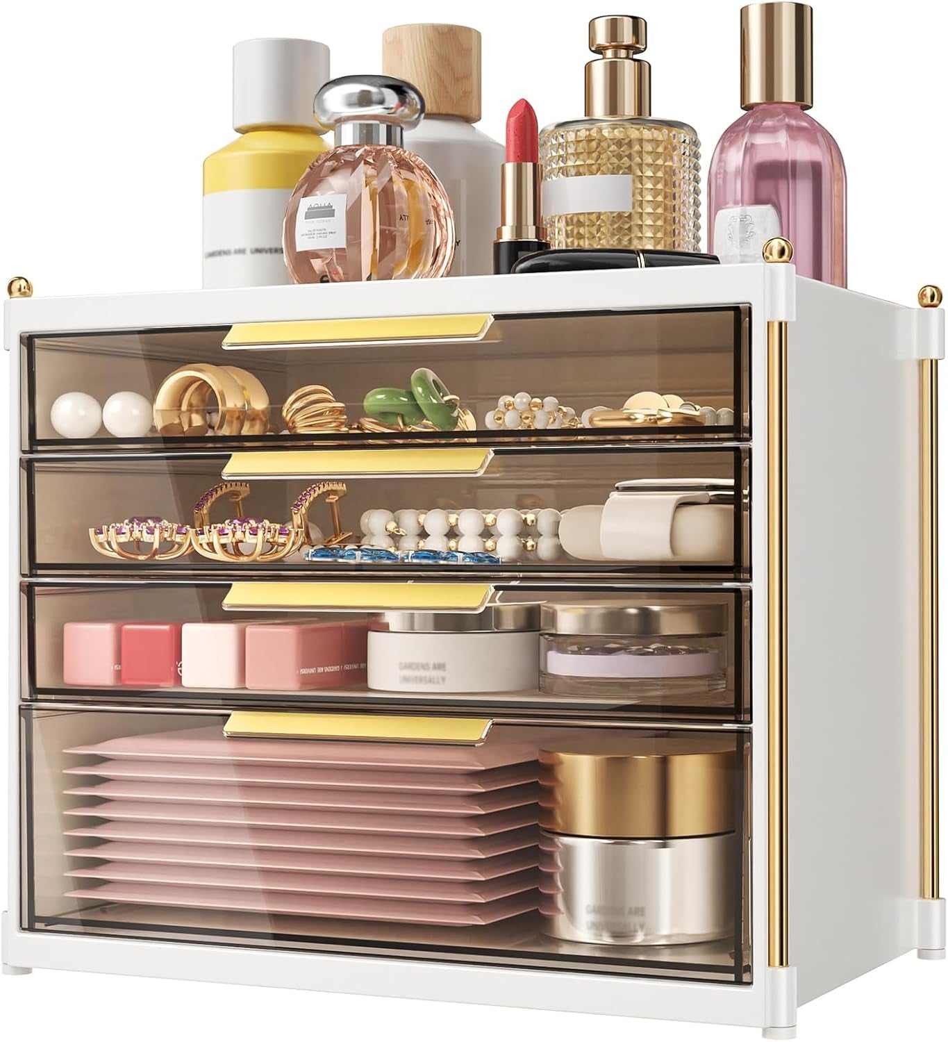 4 Drawers Makeup Organizer- Bathroom Organizers and Storage, Plastic Bins Countertop Perfume Vanity Desk Organization for Cosmetic, Skincare, Face Mask, Jewelry, Gold