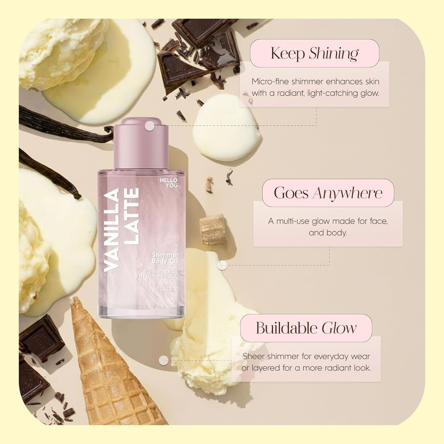 Jojoba Oil & Hyaluronic Acid Shimmer Body Oil – Dermatologist Tested, anti Aging, Korean Skin Care – Deep Hydration & Plumping Glow with Vanilla Latte Scent – Vegan Clean Beauty – 3.38 Fl Oz