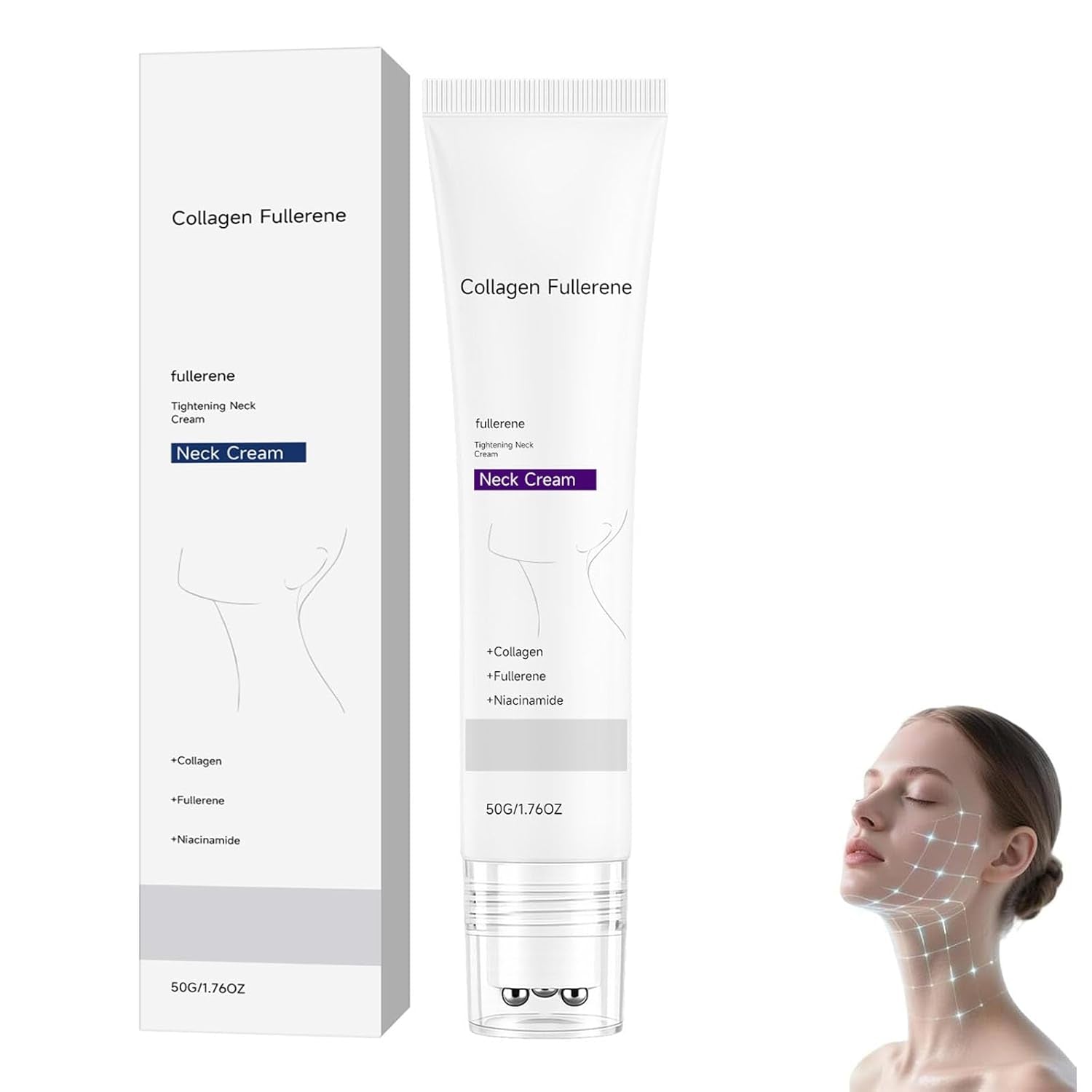Magic Collagen Fullerene Neck Cream, Tighten and Lift Firming Neck Cream for Crepey Skin, Collagen Neck Cream with Five Rollers, Anti-Wrinkle Moisturizing Neck Skincare for Skin Types (1Pc)