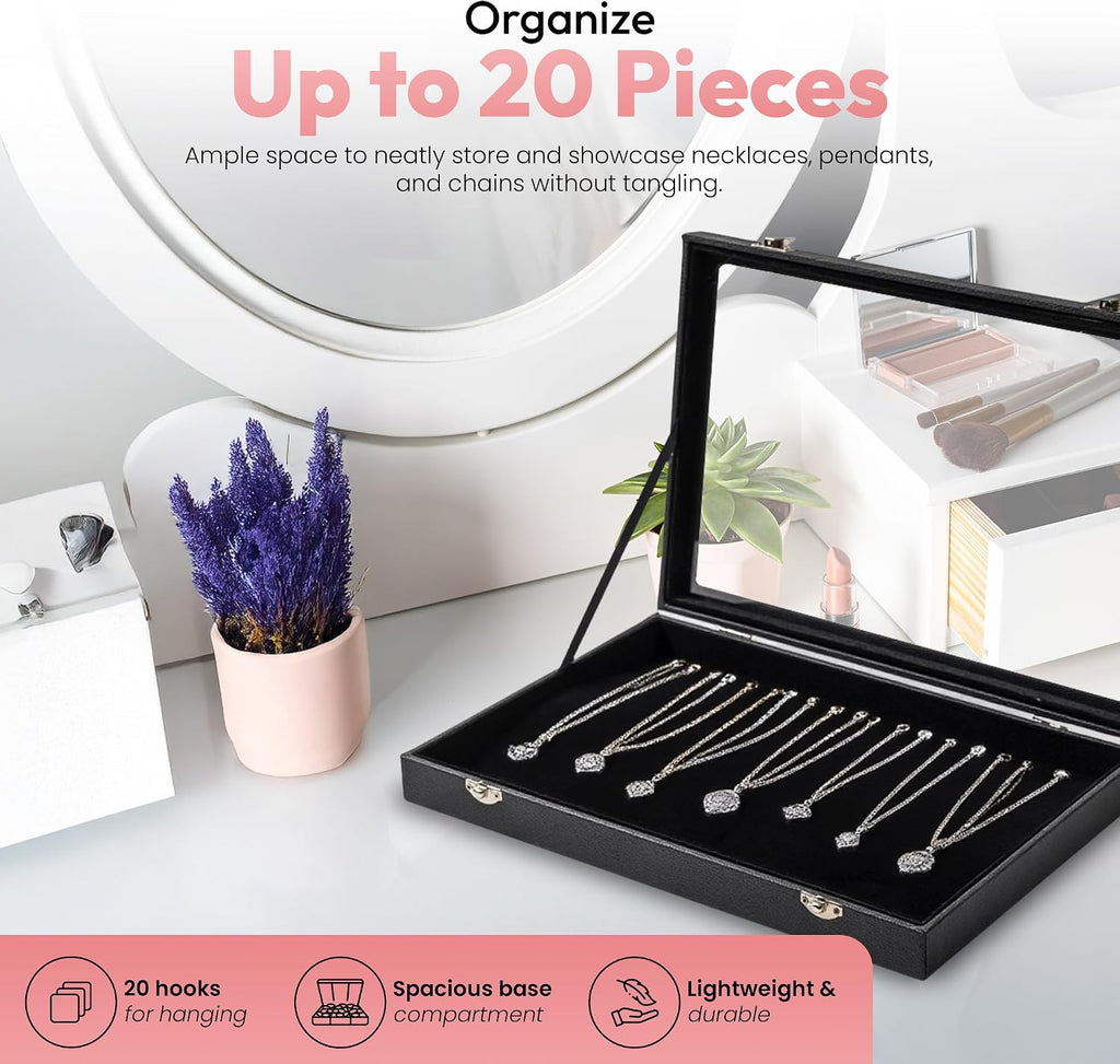 Necklace Organizer Box with Glass Lid – Velvet Jewelry Display Case with 20 Hooks, Necklace Holder Organizer Storage Box for Necklaces, Chains, Pendants, Jewelry Tray for Drawer or Countertop