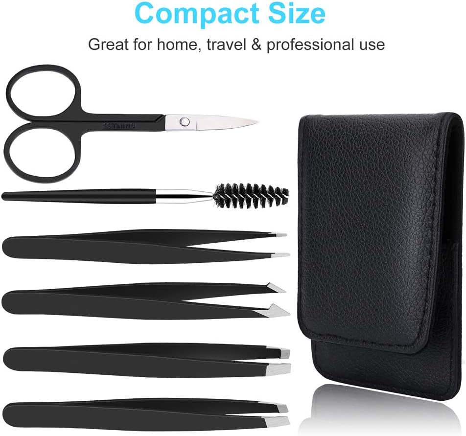 6 PCS Professional Tweezers Set - Stainless Steel Precision Tweezer Kit for Eyebrows, Facial Hair, Ingrown Hair & Splinter Removal with Travel Case (Black)