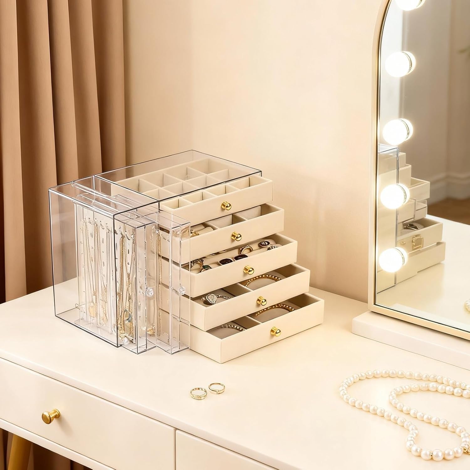 Jewelry Organizer and Storage with 7 Removable Drawers, Clear Acrylic Jewelry Box with 16 Necklace Hooks 48 Pairs of Earring Holes 5 Velvet-Lined Drawers for Rings Bracelets Necklaces