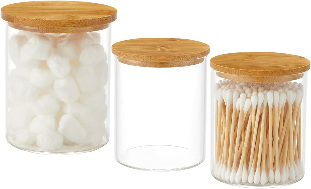 3 Pack Glass Qtip Holder Dispenser, 20 Oz and 11 Oz Clear Glass Apothecary Jars, Bathroom Vanity Canisters Organizer Jars for Cotton Swabs, Balls, Rounds, Pads, Floss, Bath Salts