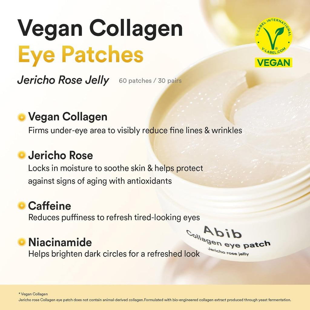 Vegan Collagen Eye Patches for Wrinkles & Fine Line with Jericho Rose Jelly & Peptides, 60 Count, Korean Skin Care